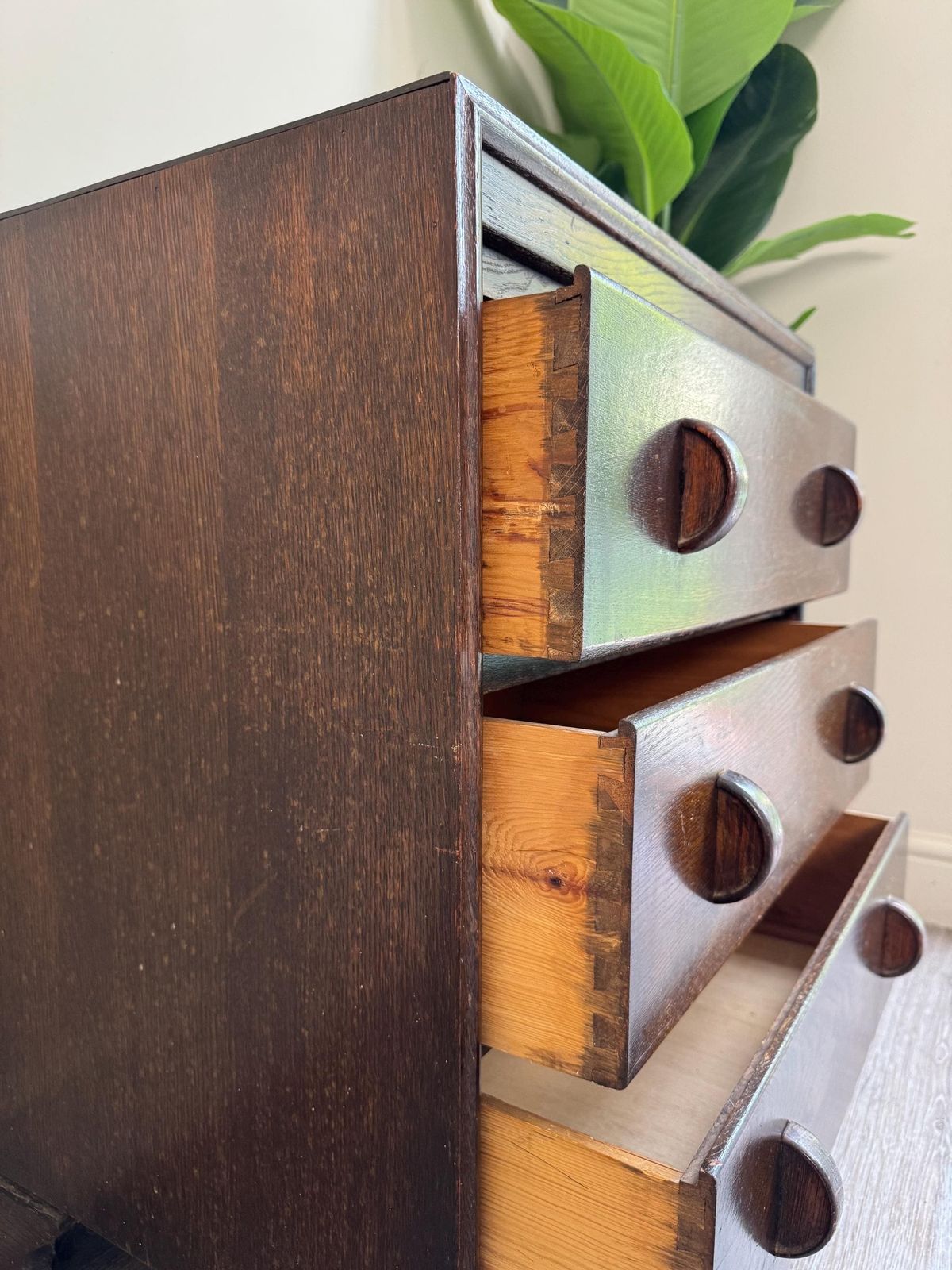 Vintage Small Wooden Three Drawer Chest Of Drawers: Original Hardware photo vinterior