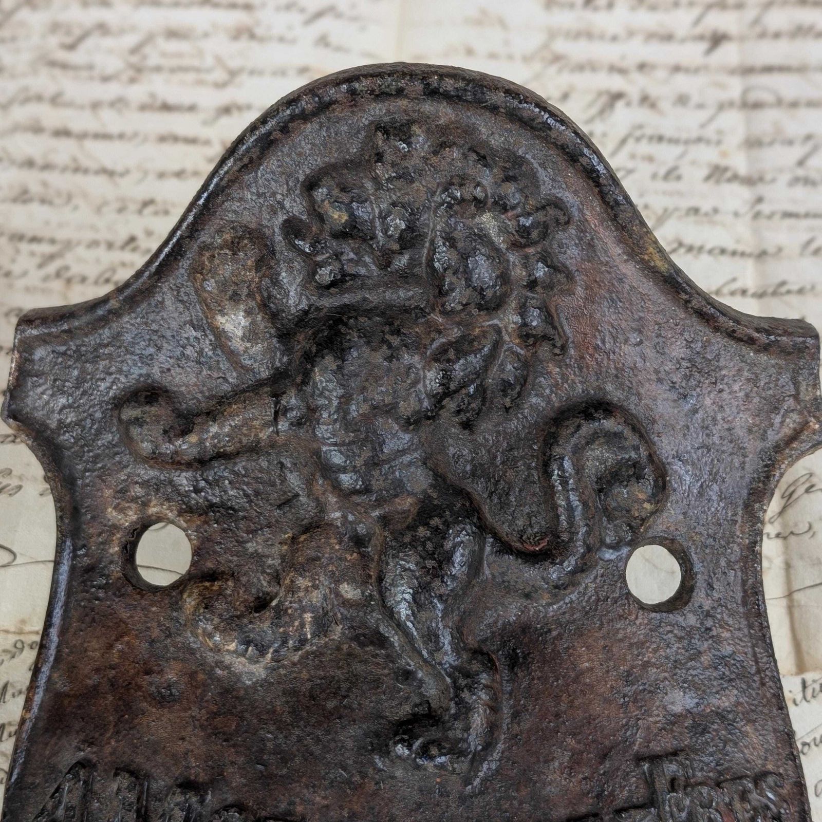Cast Iron Lion Shield Plaque, Antique French Amouroux Freres Toulouse Agricultural Machinery Mark, Rustic Industrial Farmhouse Salvage photo for sale