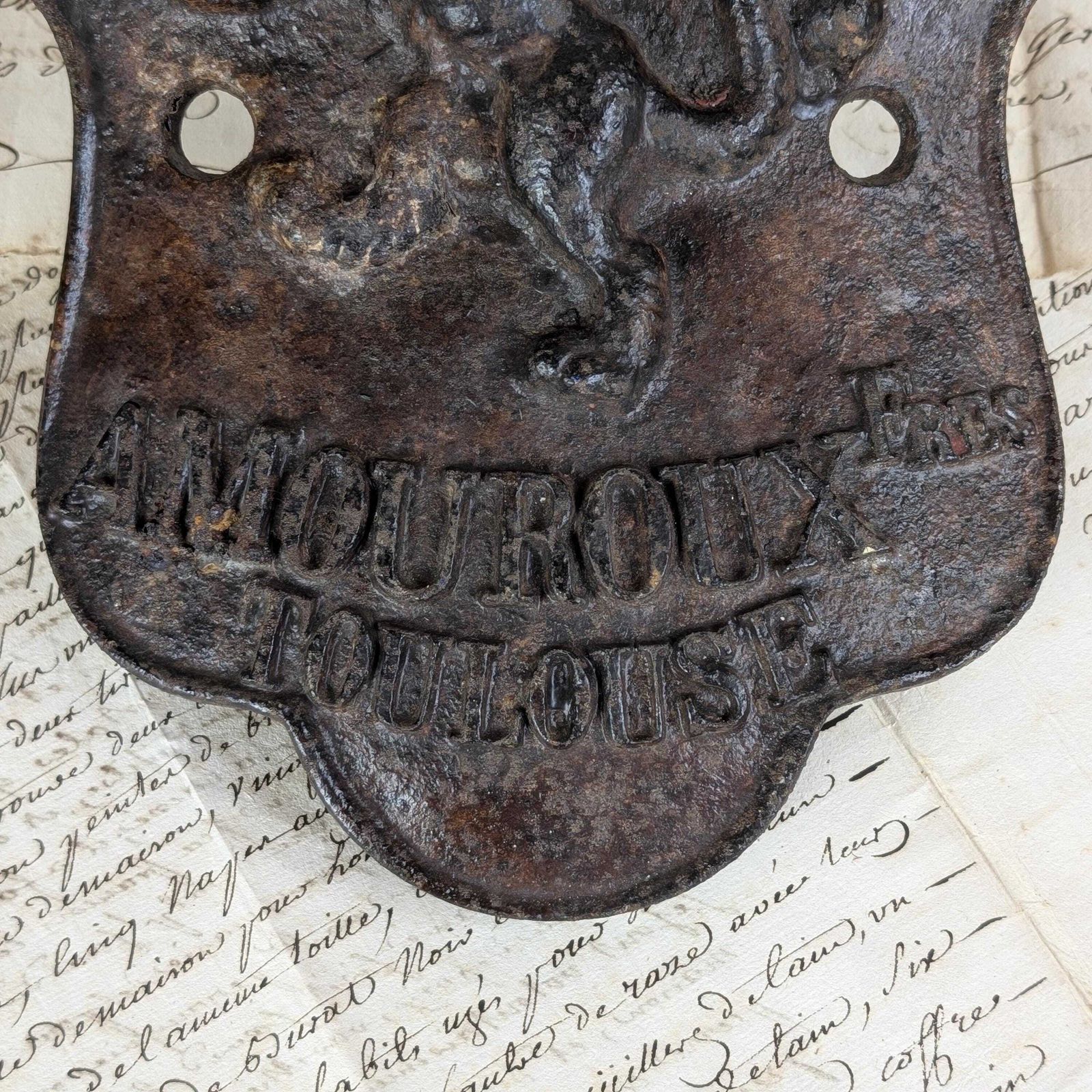 Cast Iron Lion Shield Plaque, Antique French Amouroux Freres Toulouse Agricultural Machinery Mark, Rustic Industrial Farmhouse Salvage photo 92.0