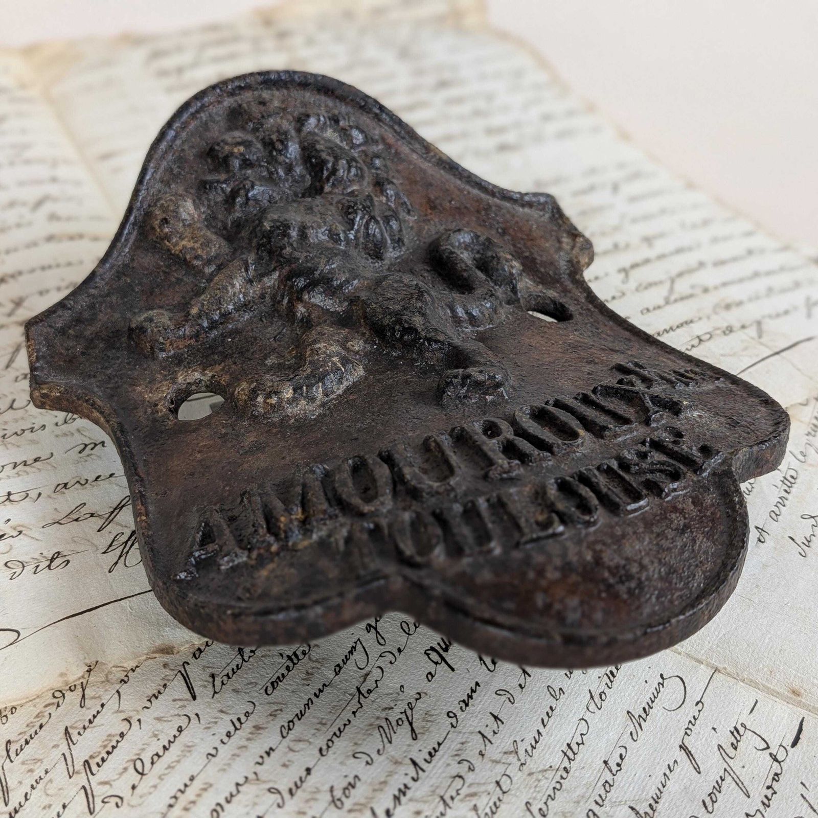 photo furniture Cast Iron Lion Shield Plaque, Antique French Amouroux Freres Toulouse Agricultural Machinery Mark, Rustic Industrial Farmhouse Salvage