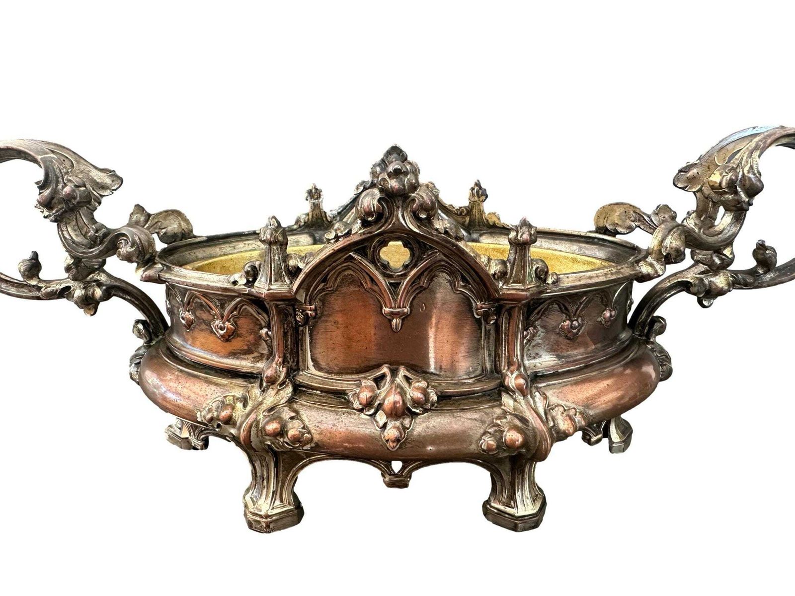 19th C. Gothic Revival Planter | Antique French Spelter Jardiniere | Troubadour Style Centerpiece | Medieval Decor photo Home Decor