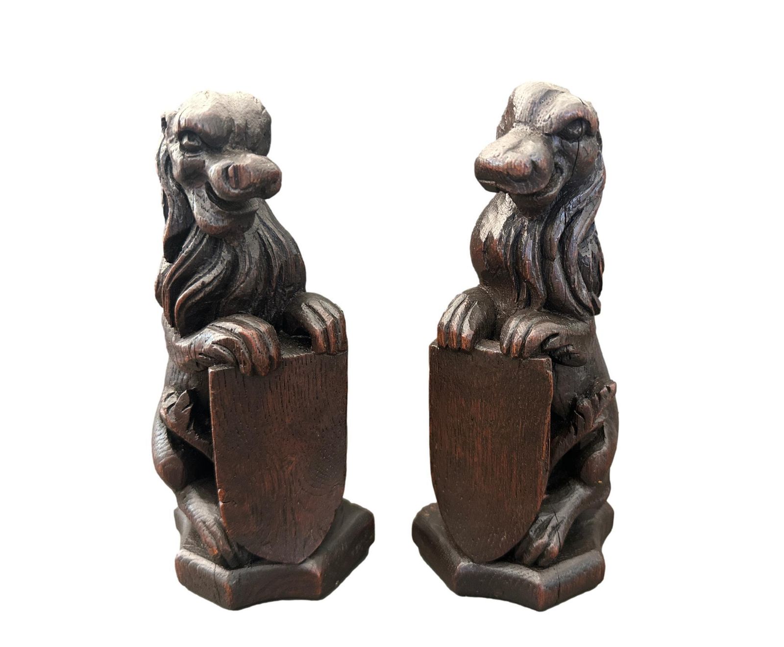 Hand Carved Oak Lions | 18th 19th Century Heraldic Ornaments, French Chateau Decor photo Art