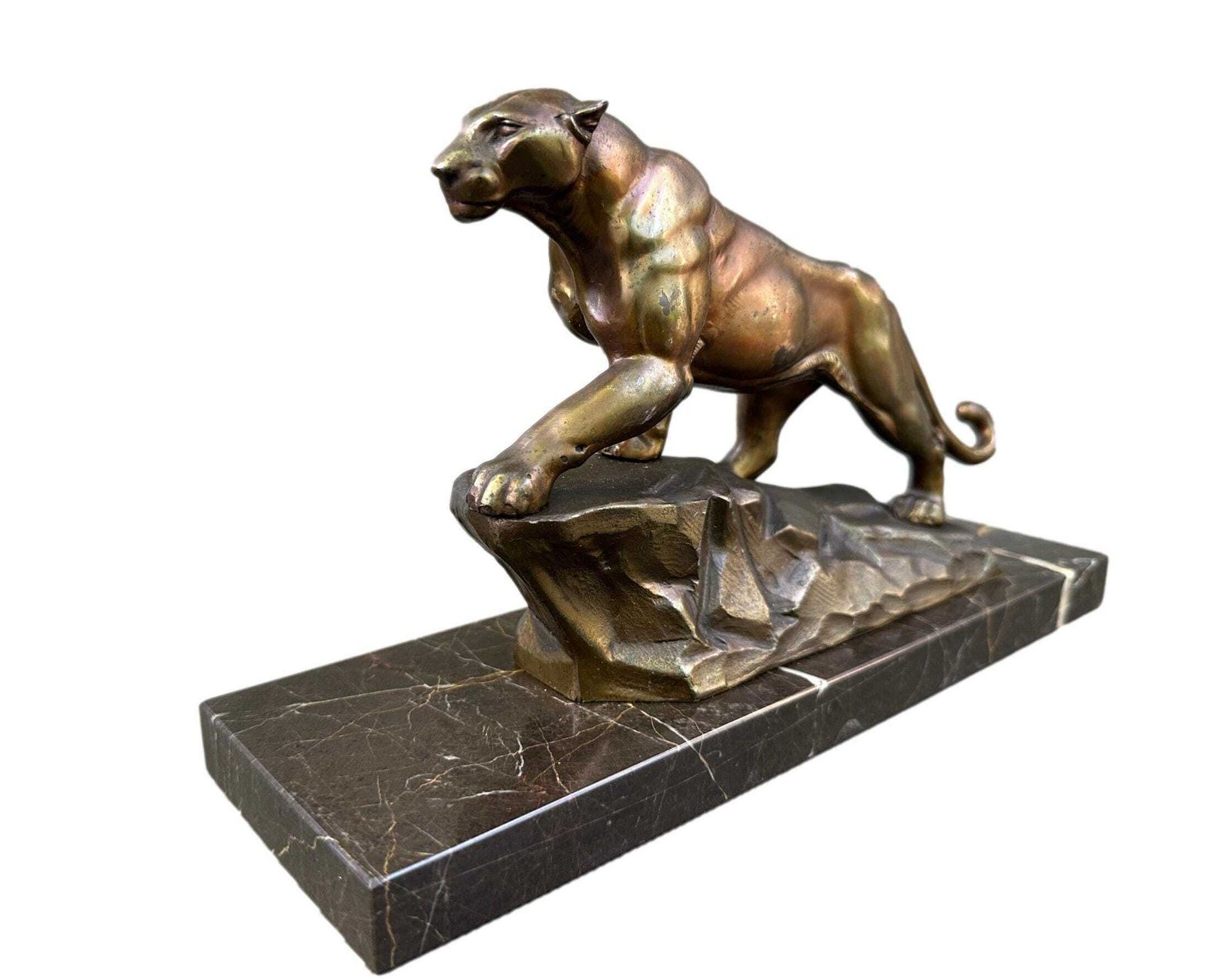 Art Deco Panther Sculpture, Bronze Spelter Marble, 1930s French Jaguar Figurine
