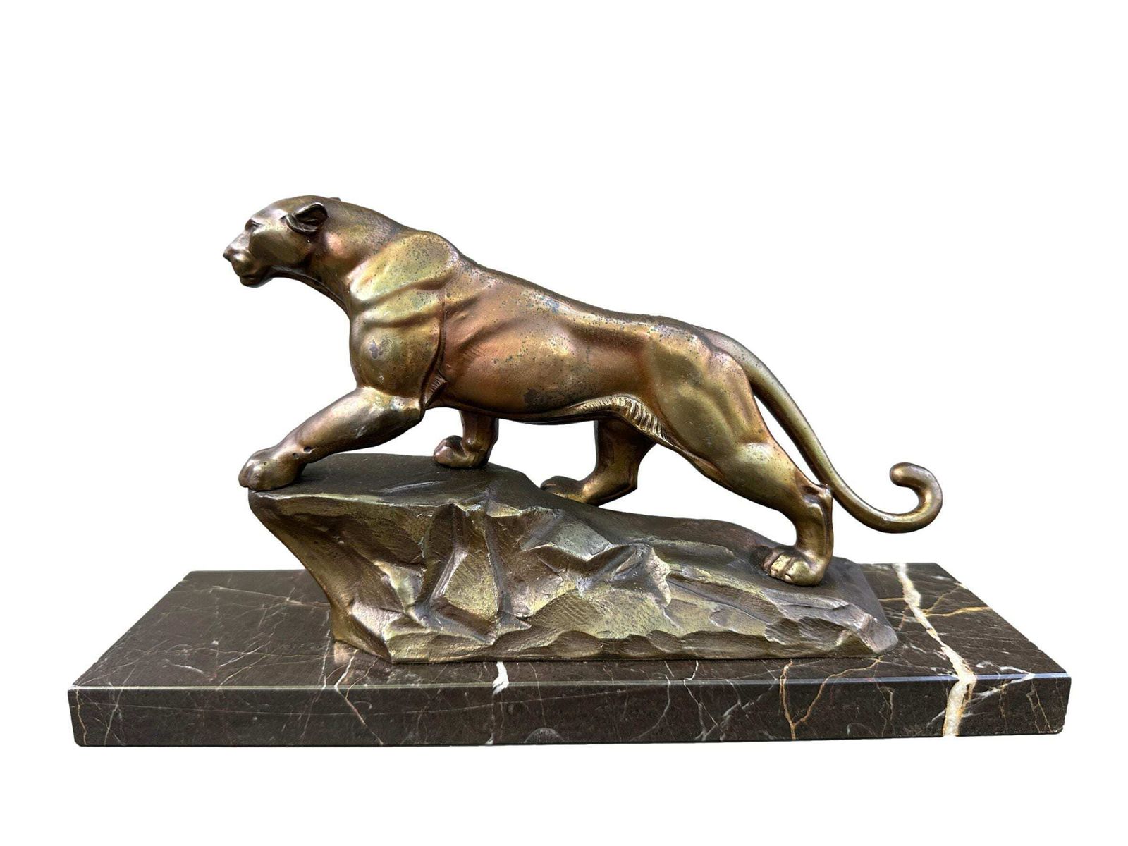 Art Deco Panther Sculpture, Bronze Spelter Marble, 1930s French Jaguar Figurine photo for sale