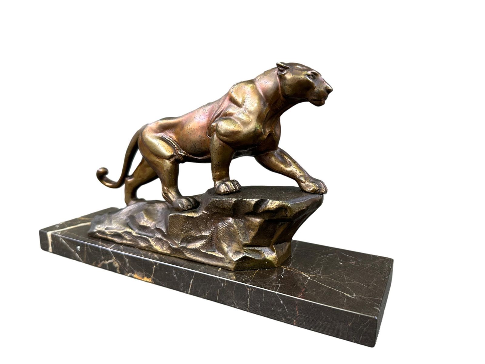 Art Deco Panther Sculpture, Bronze Spelter Marble, 1930s French Jaguar Figurine photo vinterior