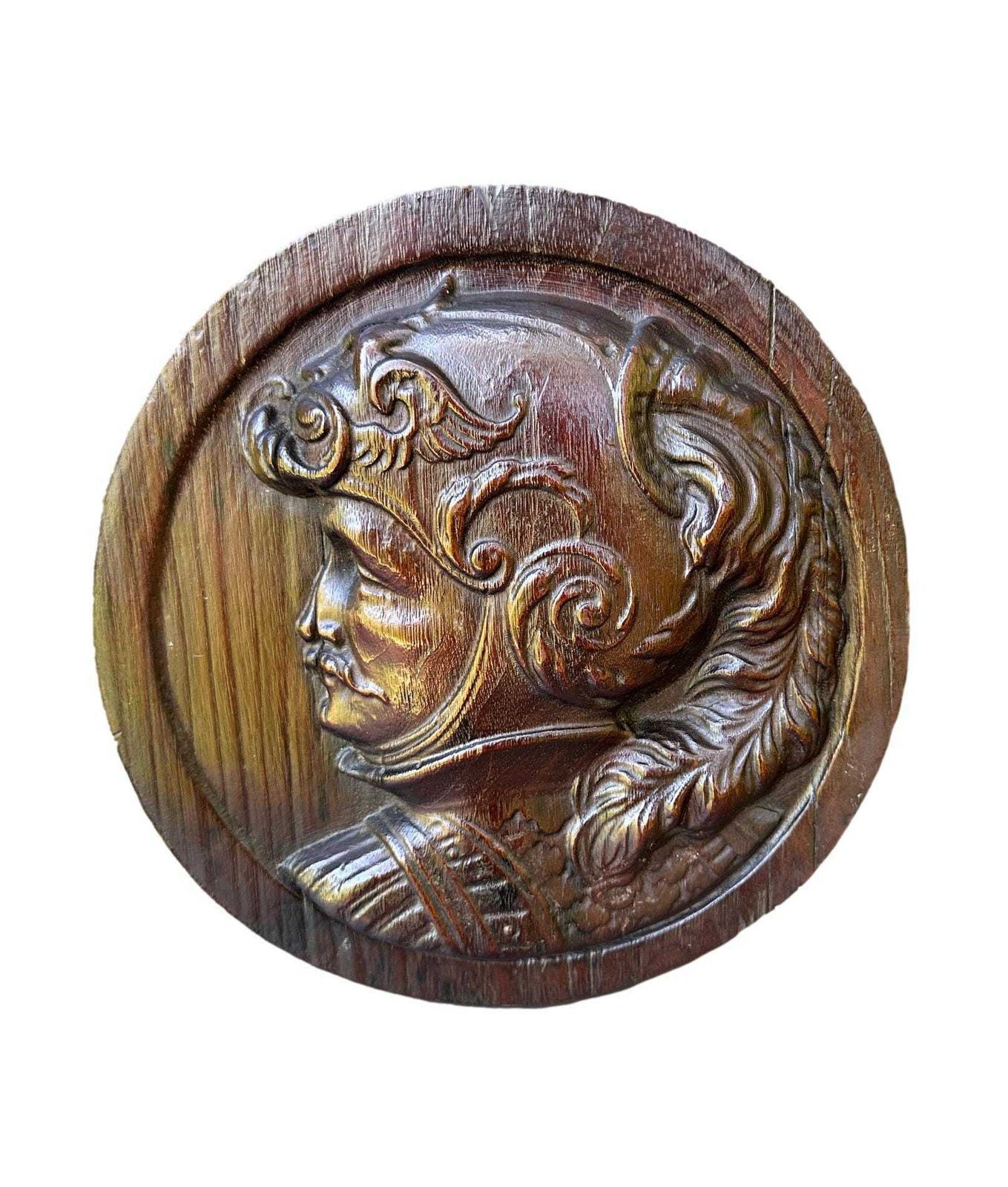 19th Century Hand Carved Walnut Bas Relief Knight Portrait – Renaissance Revival Wall Plaque photo furniture