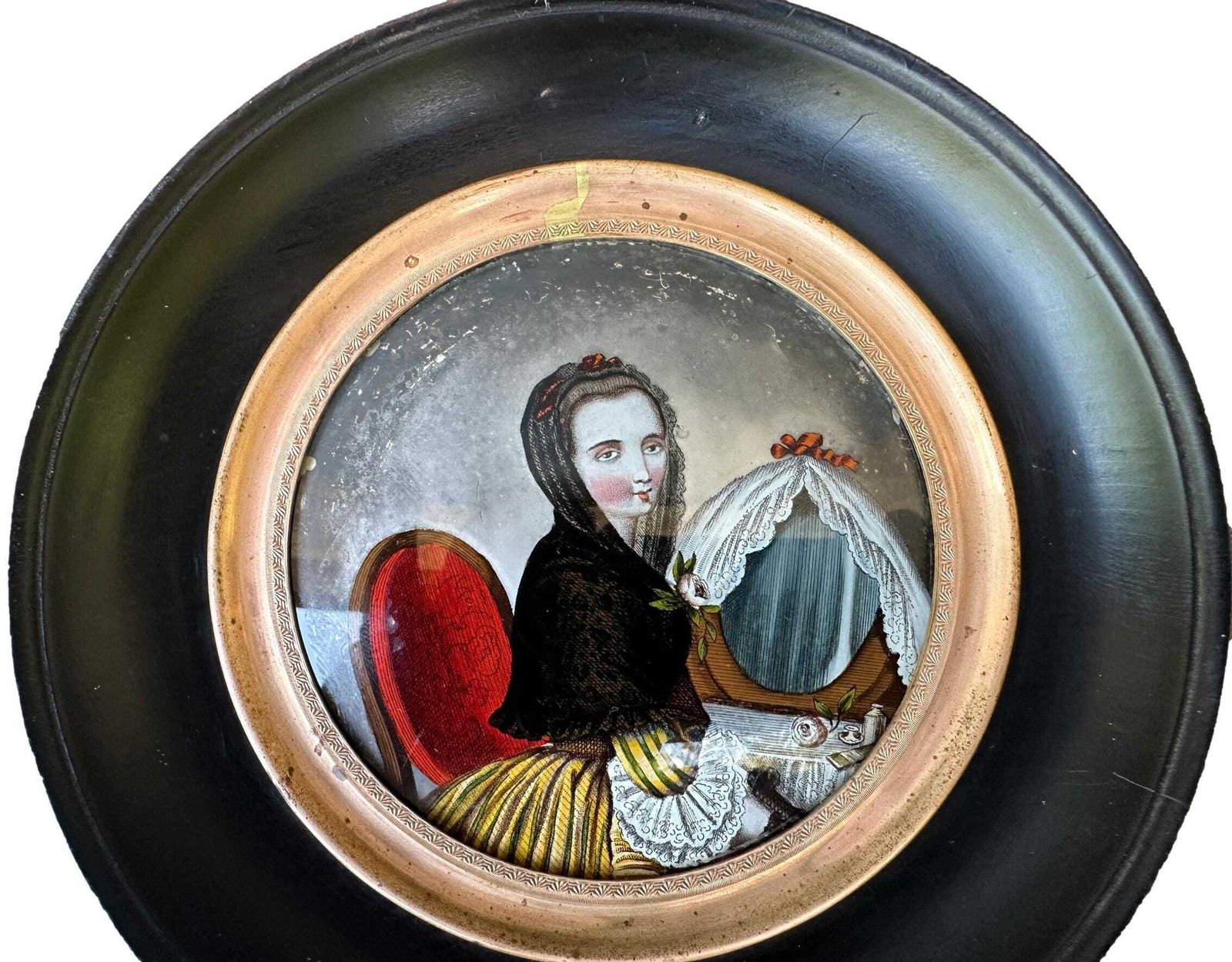 Antique French Empire Miniature Painting – Young Lady Dressing Table, églomisé Art photo furniture