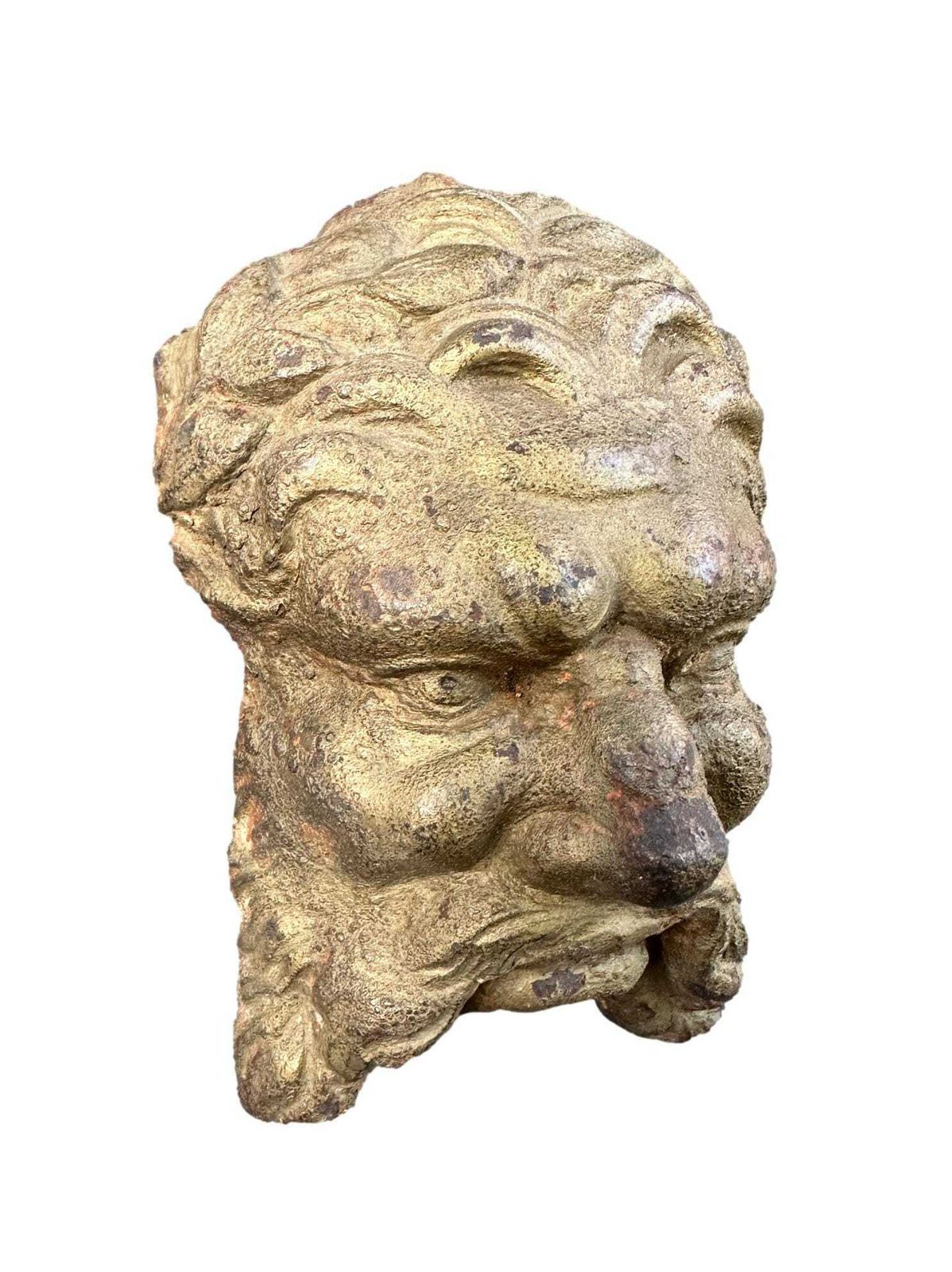 Antique 19th Century Cast Iron Mascaron – French Architectural Salvage Man's Head Wall Decor photo for sale