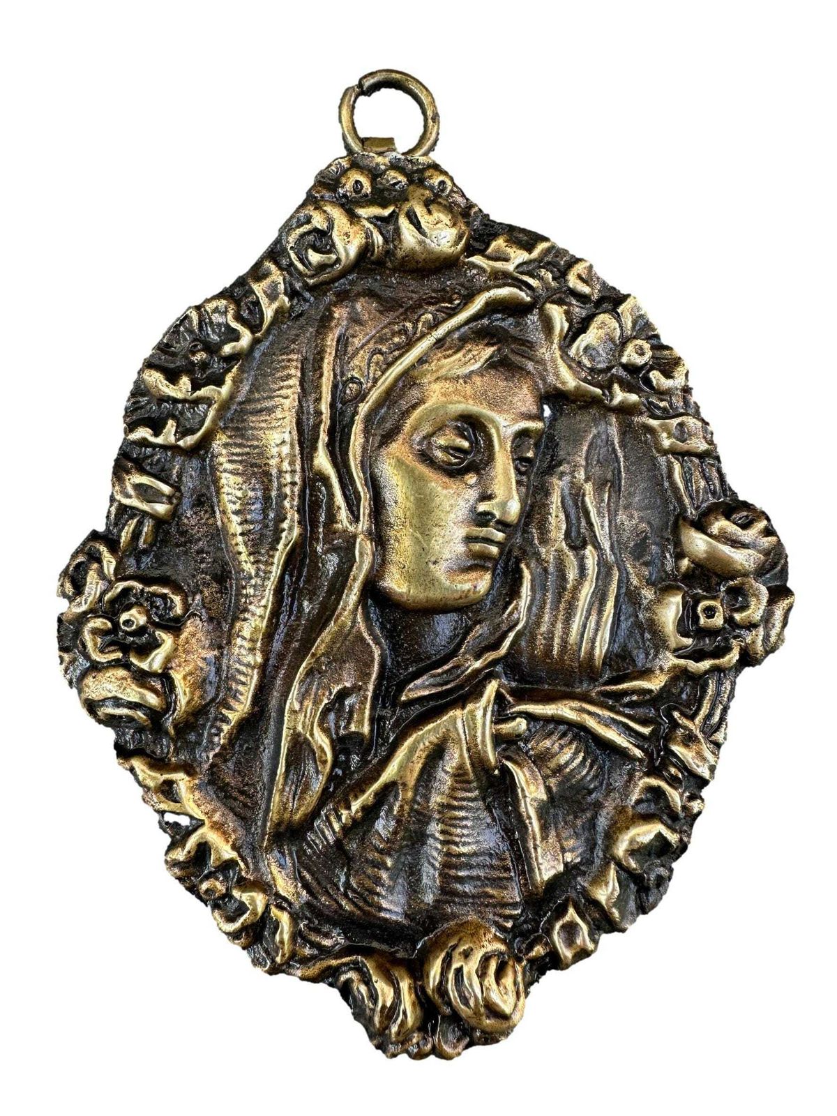 Antique French Bronze Medallions Pair – Virgin Mary Jesus Christ C. 1900 Wall Art photo for sale