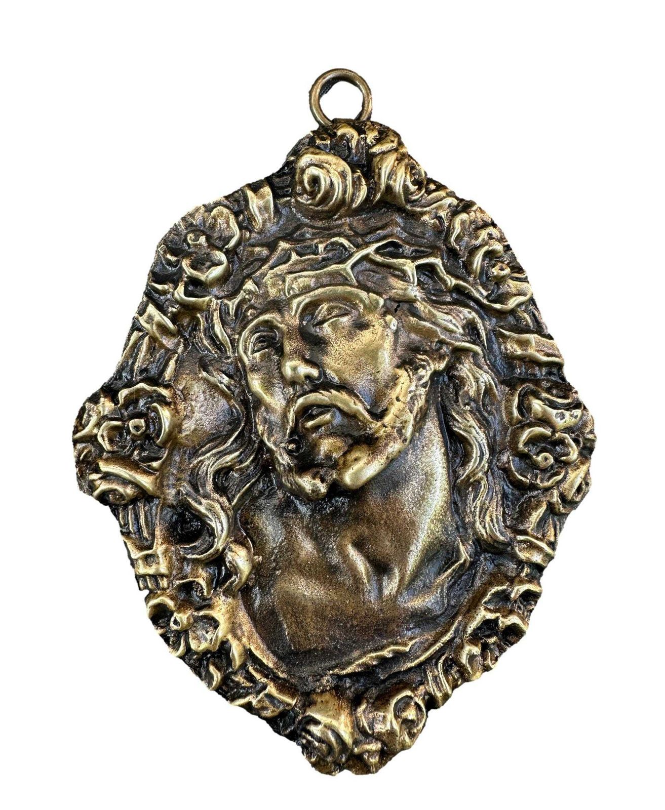 Antique French Bronze Medallions Pair – Virgin Mary Jesus Christ C. 1900 Wall Art photo Art