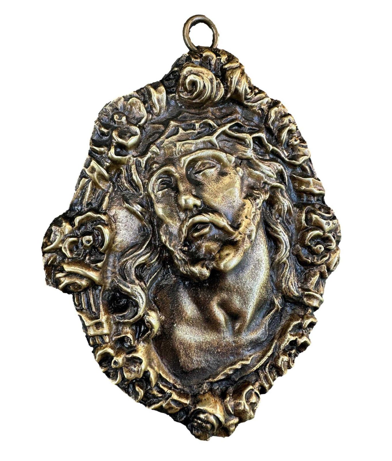 Antique French Bronze Medallions Pair – Virgin Mary Jesus Christ C. 1900 Wall Art photo 226.0
