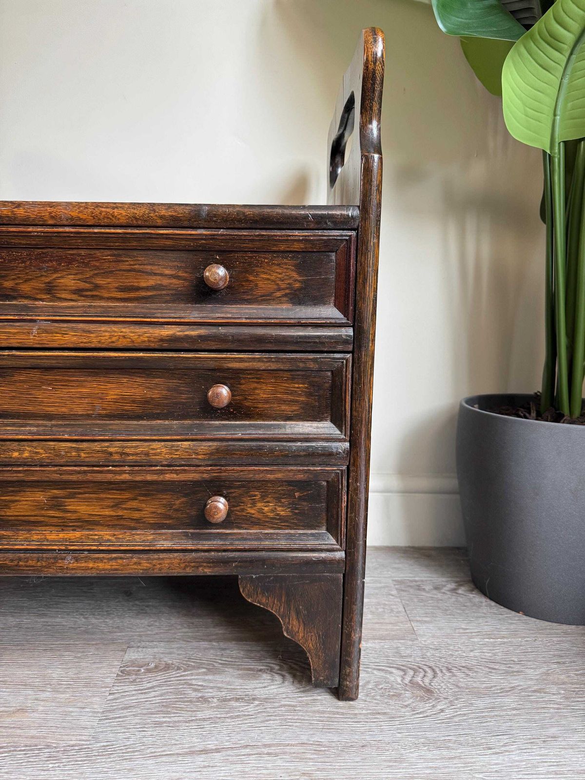 Vintage Wooden Piano Dressing Stool Dark Wood With Arms Drawers Storage photo vinterior