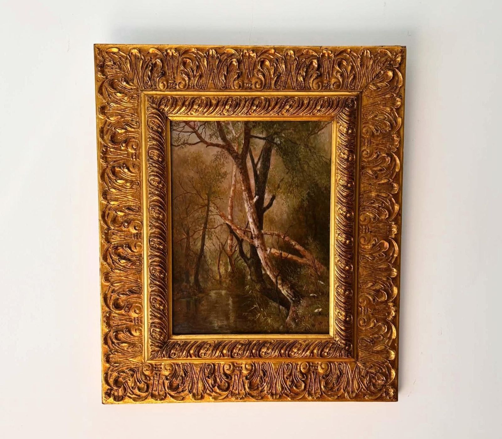 Forest Scene Oil Painting Signed And Dated, Moody Vintage Framed European Forest Interior, Ornate Gold Frame, Rustic Cottage Wall Art