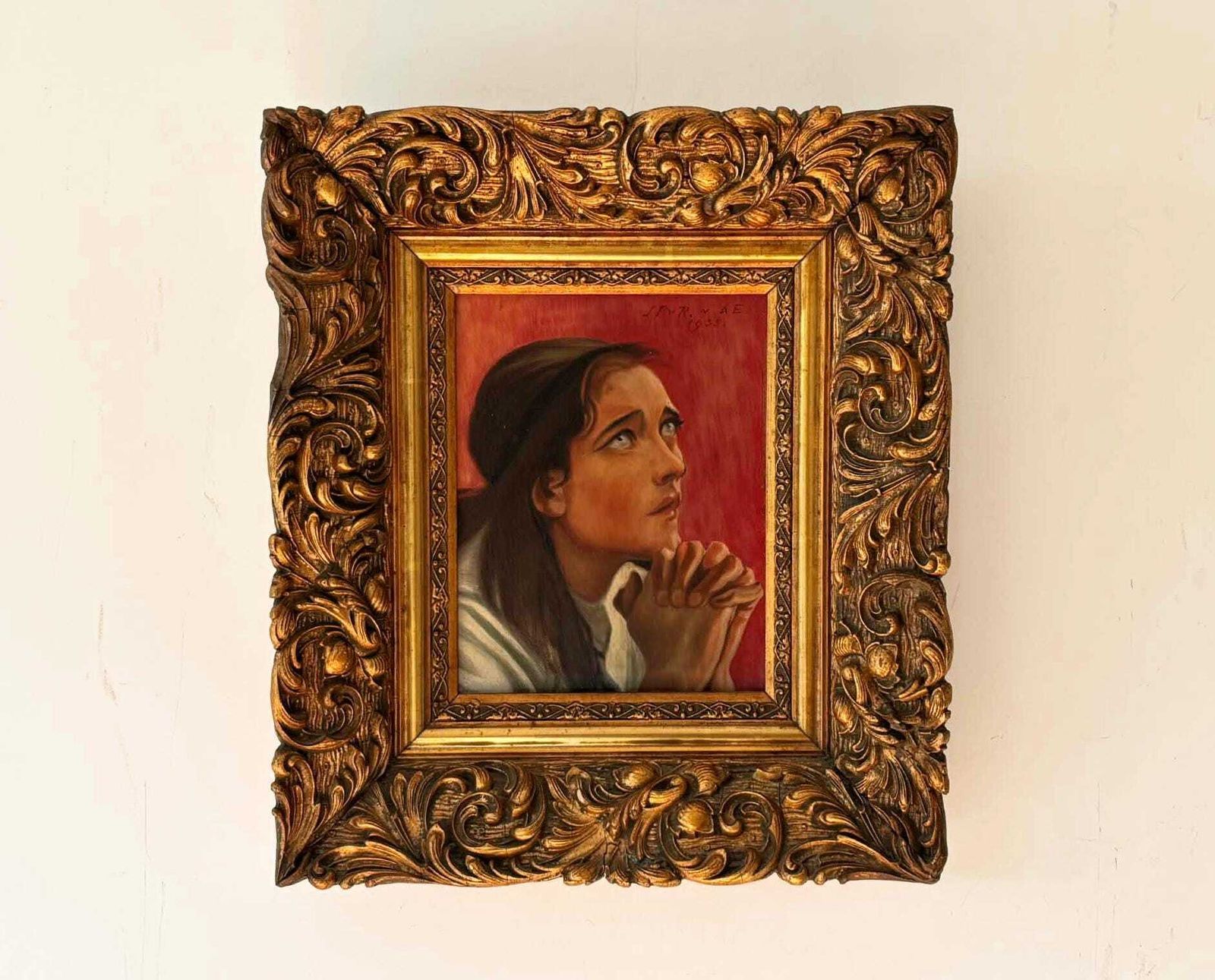 Antique Religious Portrait Painting, Signed 1935, Ornate Gold Frame