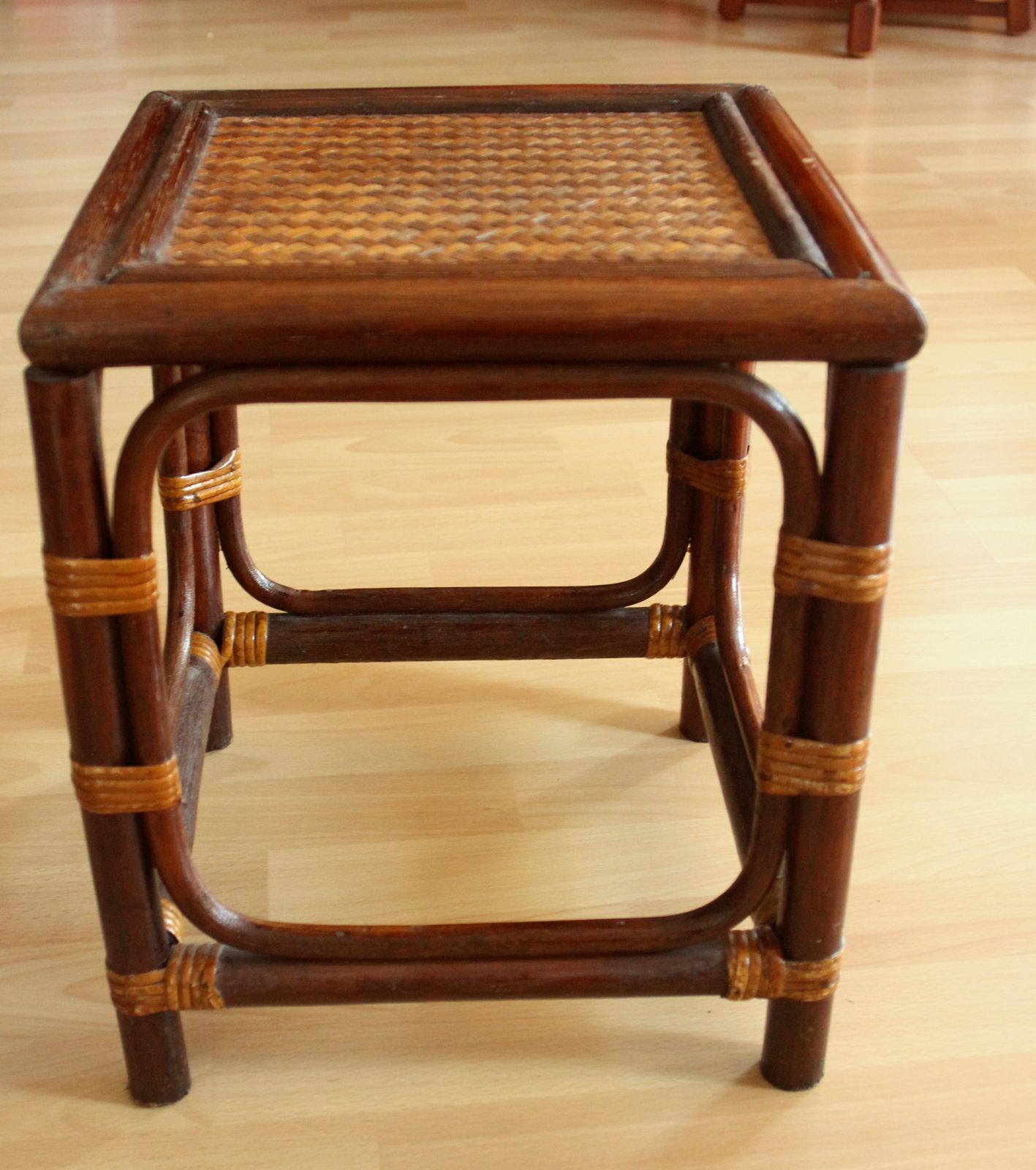 Small Plant Stand Made Of Rattan, Bamboo And Wood   Handmade   Small Coffee Table   Vintage photo for sale