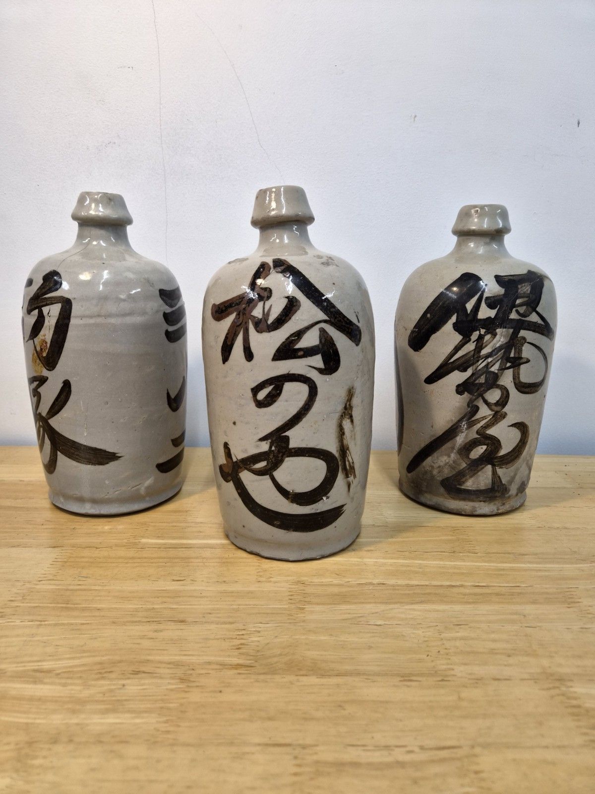 Set Of Antique Japanese Stoneware Ceramic Bottles Hand Made/Painted Meiji/Showa photo for sale