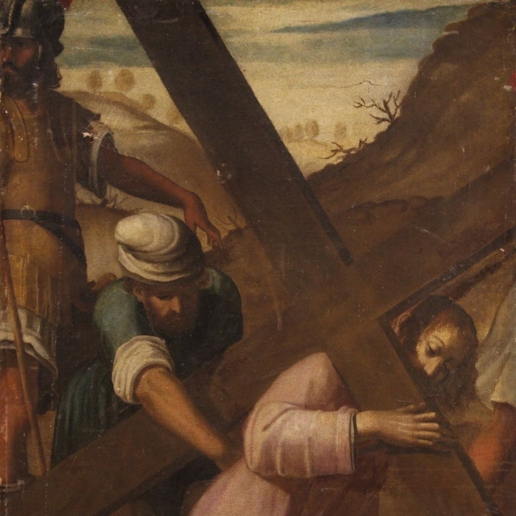 Antiek Italiaans schilderij van de Kruisweg, Tocht naar Calvarie, 17e eeuw photo furniture