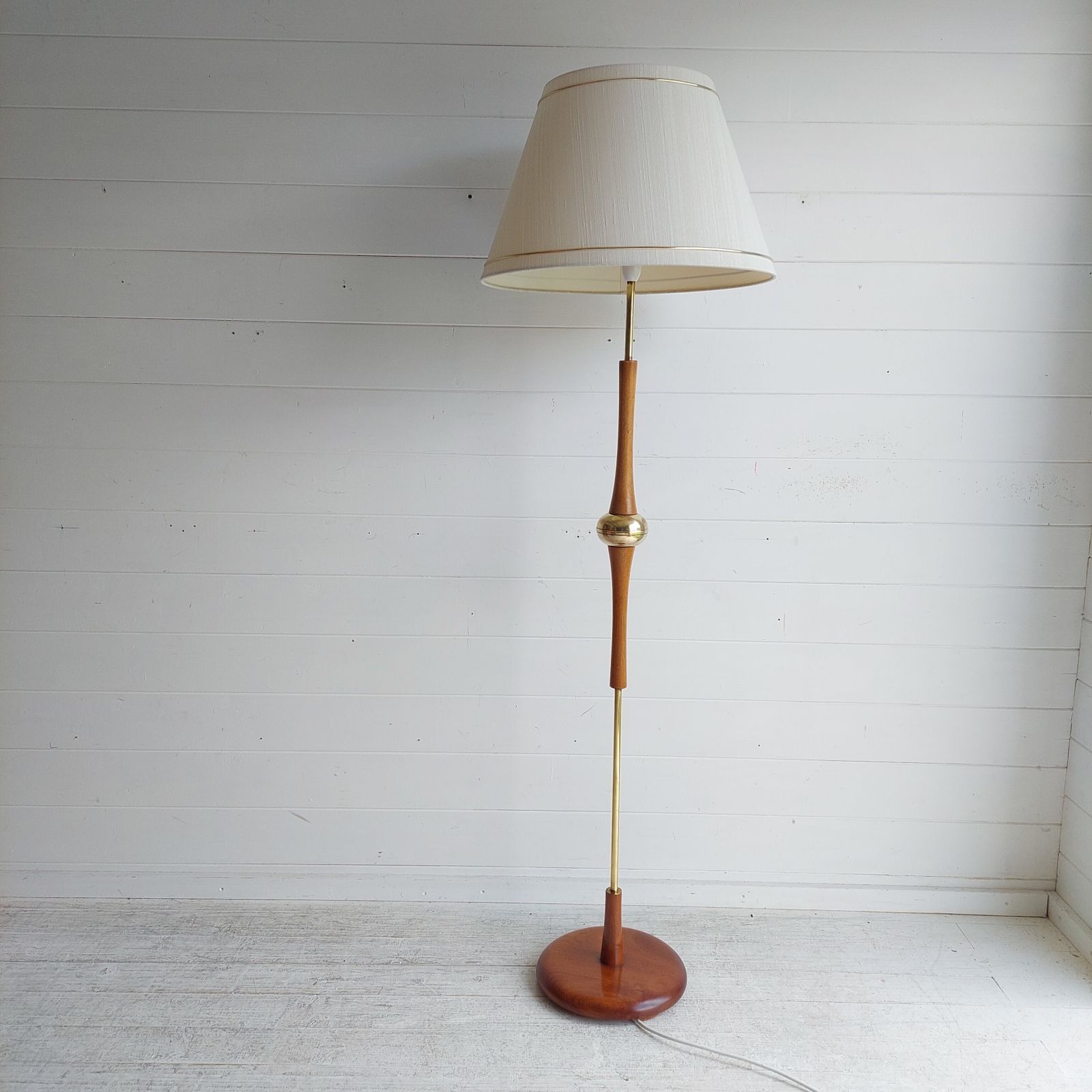 Mid Century Teak & Brass Floor Lamp Base 60s  Danish Style Vintage Standard Lamp photo Lighting