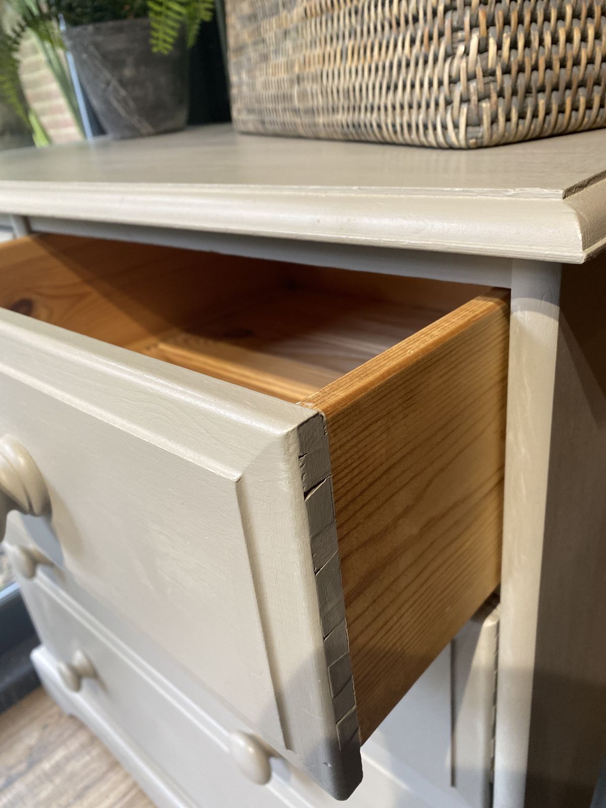 A Compact Solid Chest Of Drawers Hand Painted In A Neutral photo for sale