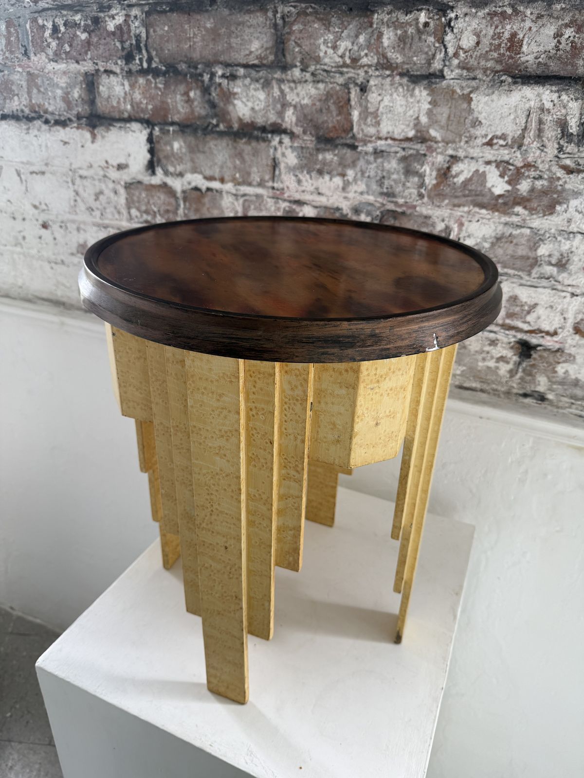 1930s Art Deco Occasional Table With Faux Bird’s Eye Maple Finish And Patinated Metal Top photo vinterior