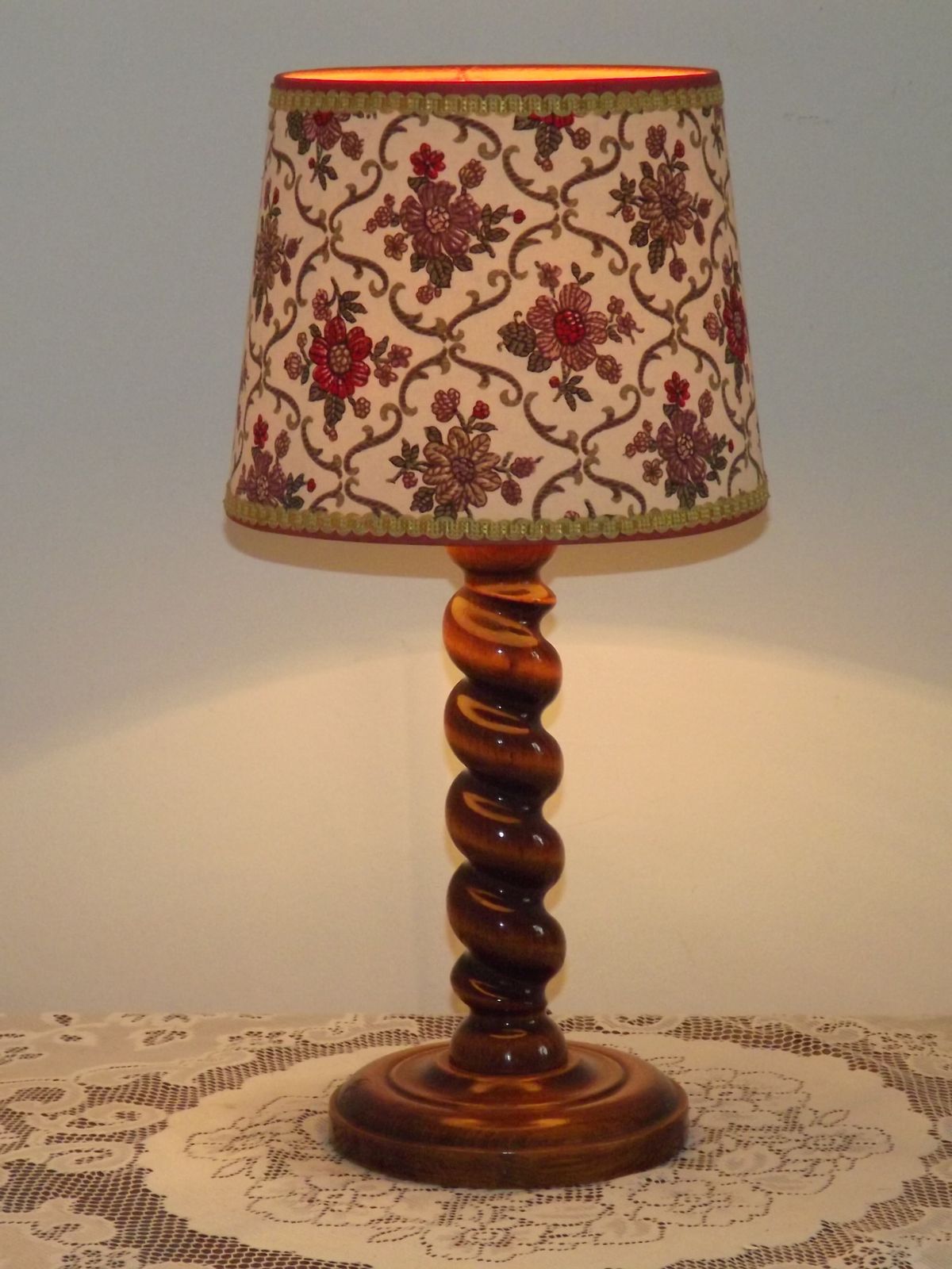 French Vintage Round Wooden Barley Twist Table Lamp With Floral Shade photo Lighting