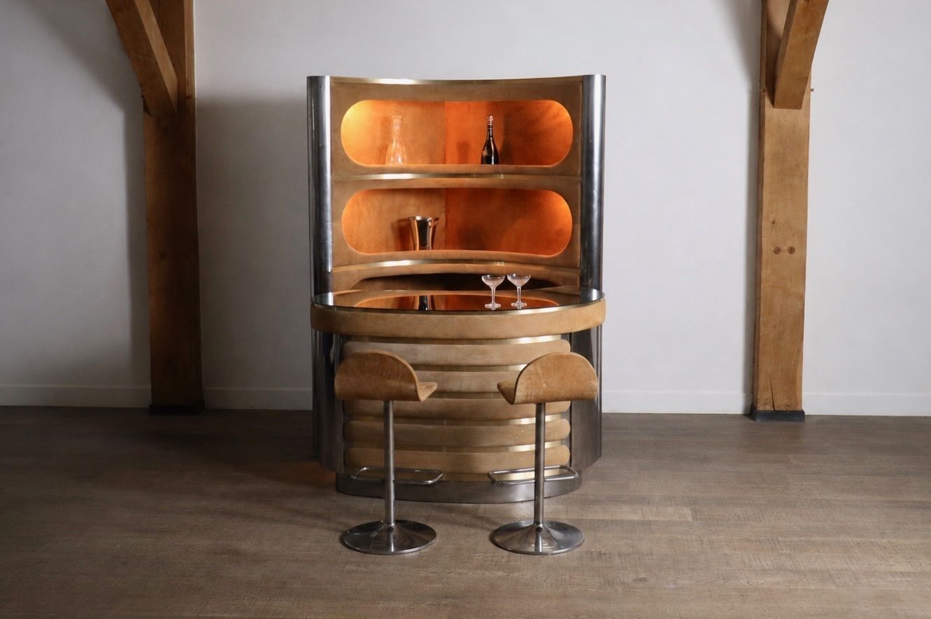 Suede And Chrome Dry Bar With Barstools In Cognac By Willy Rizzo, Italy 1970s
