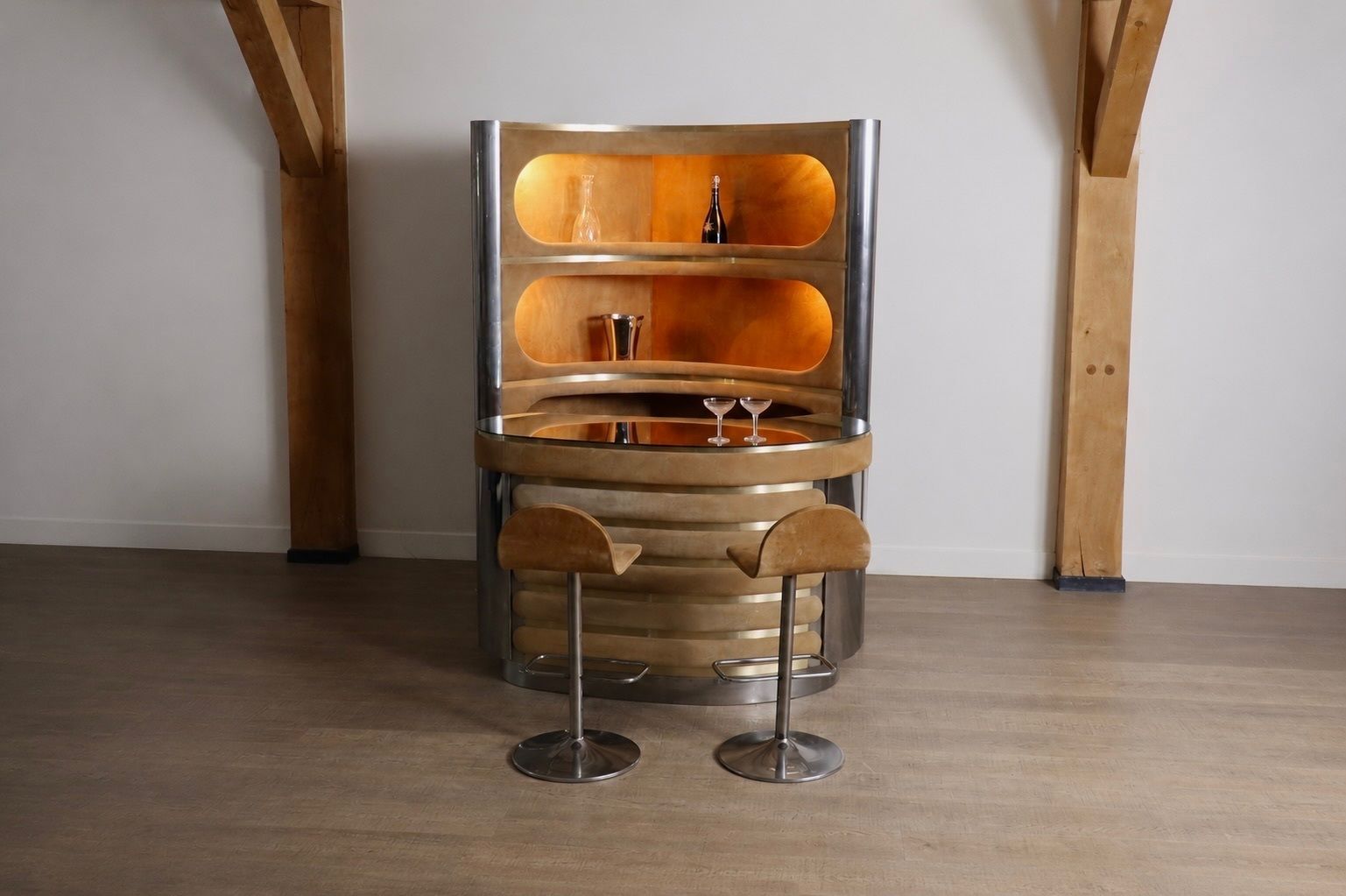 Suede And Chrome Dry Bar With Barstools In Cognac By Willy Rizzo, Italy 1970s photo furniture
