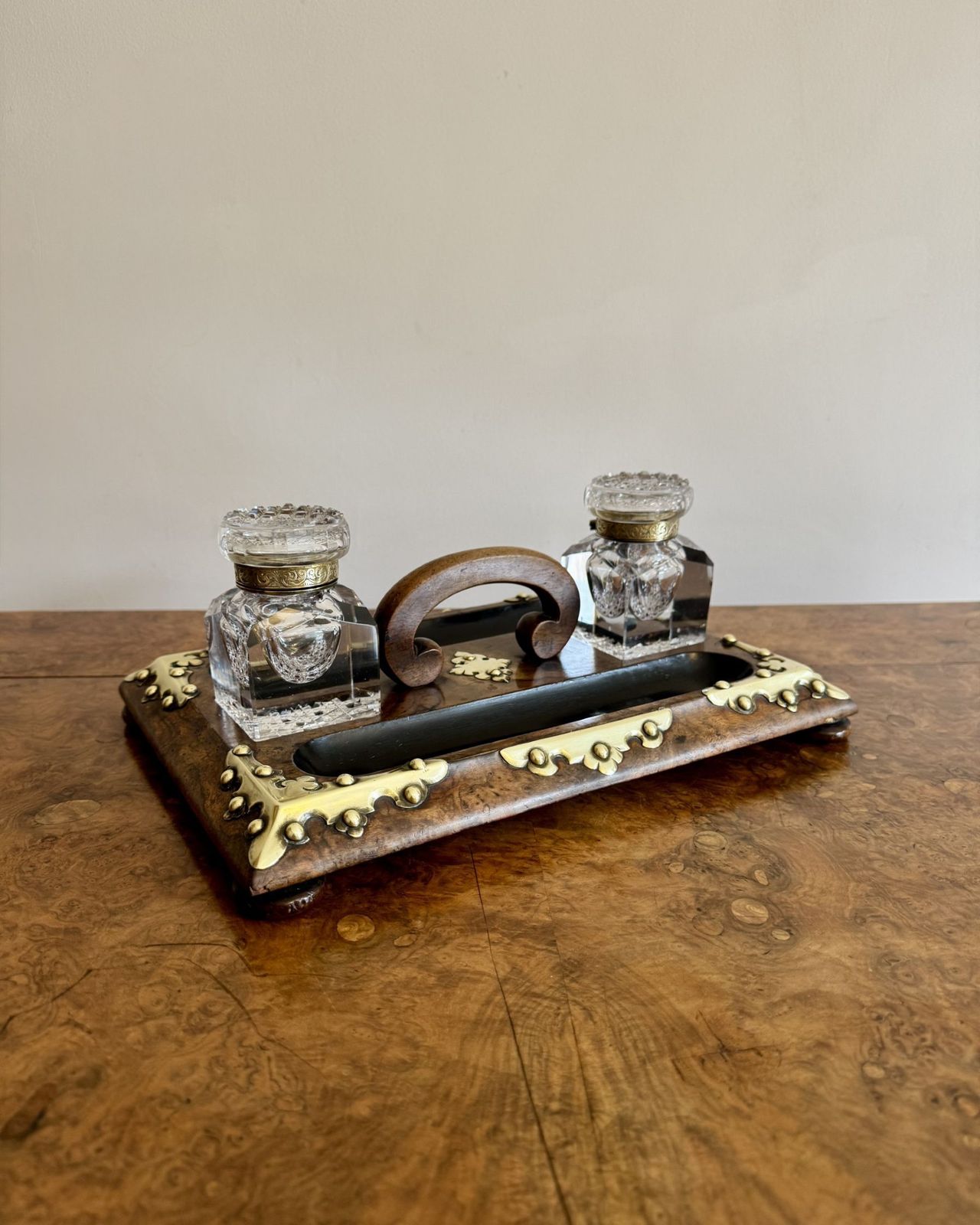 Fantastic Quality Antique Burr Walnut Brass Mounted Double Sided Desk Set photo vinterior