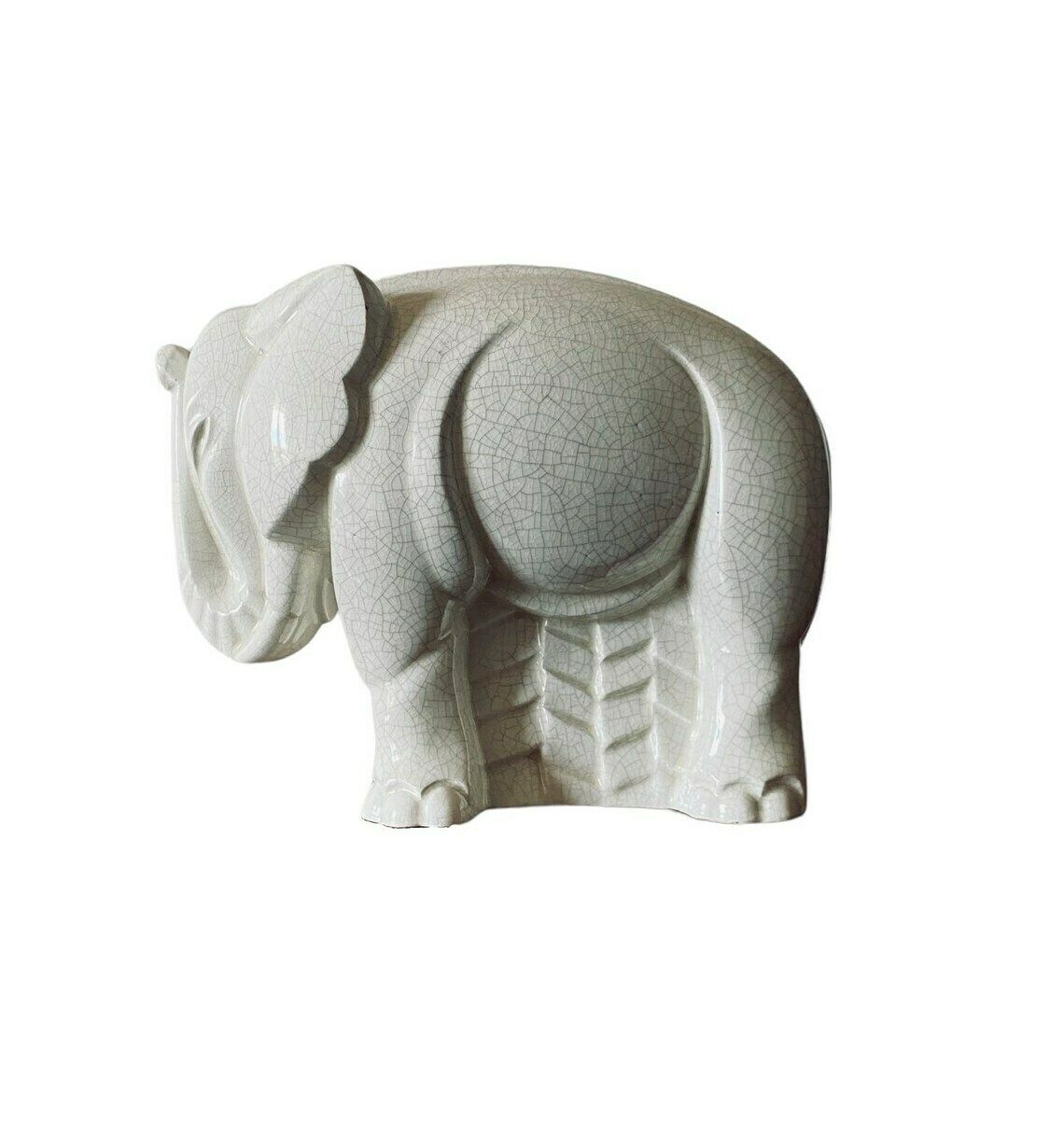 Charles Lemanceau, Art Déco Cubist Elephant Craquelé, Saint Clement, France Ca. 1930