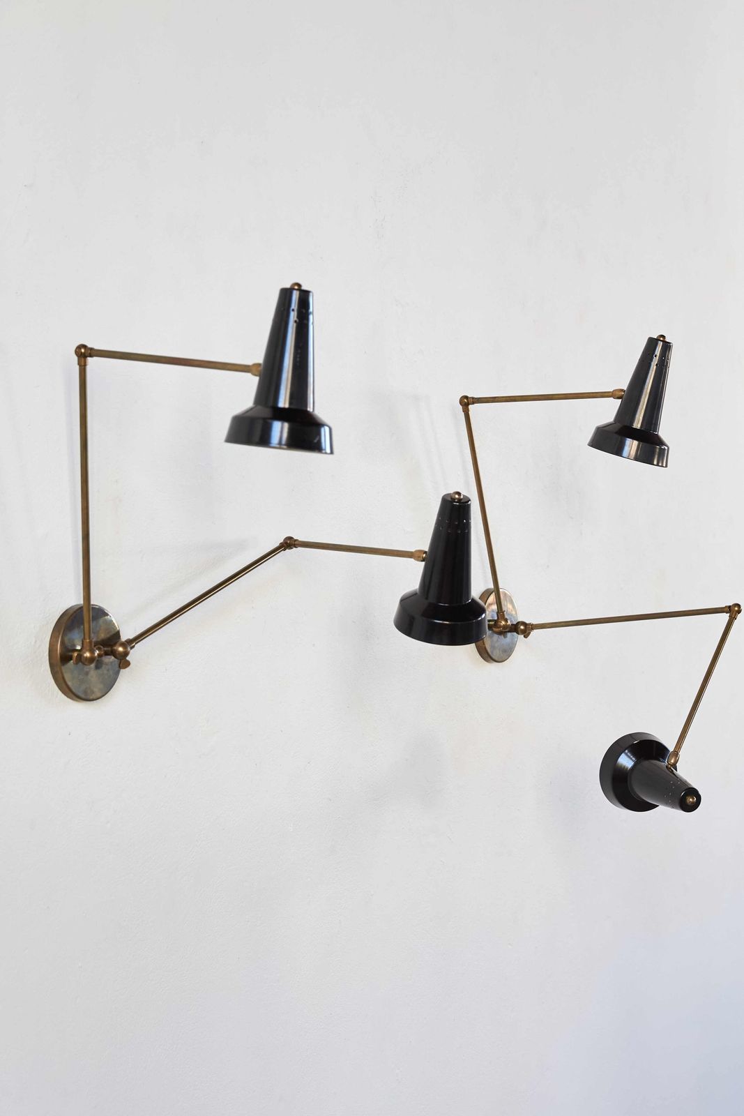 Pair Of Brass And Black Enamelled Aluminium Wall Lights, C1950 photo for sale
