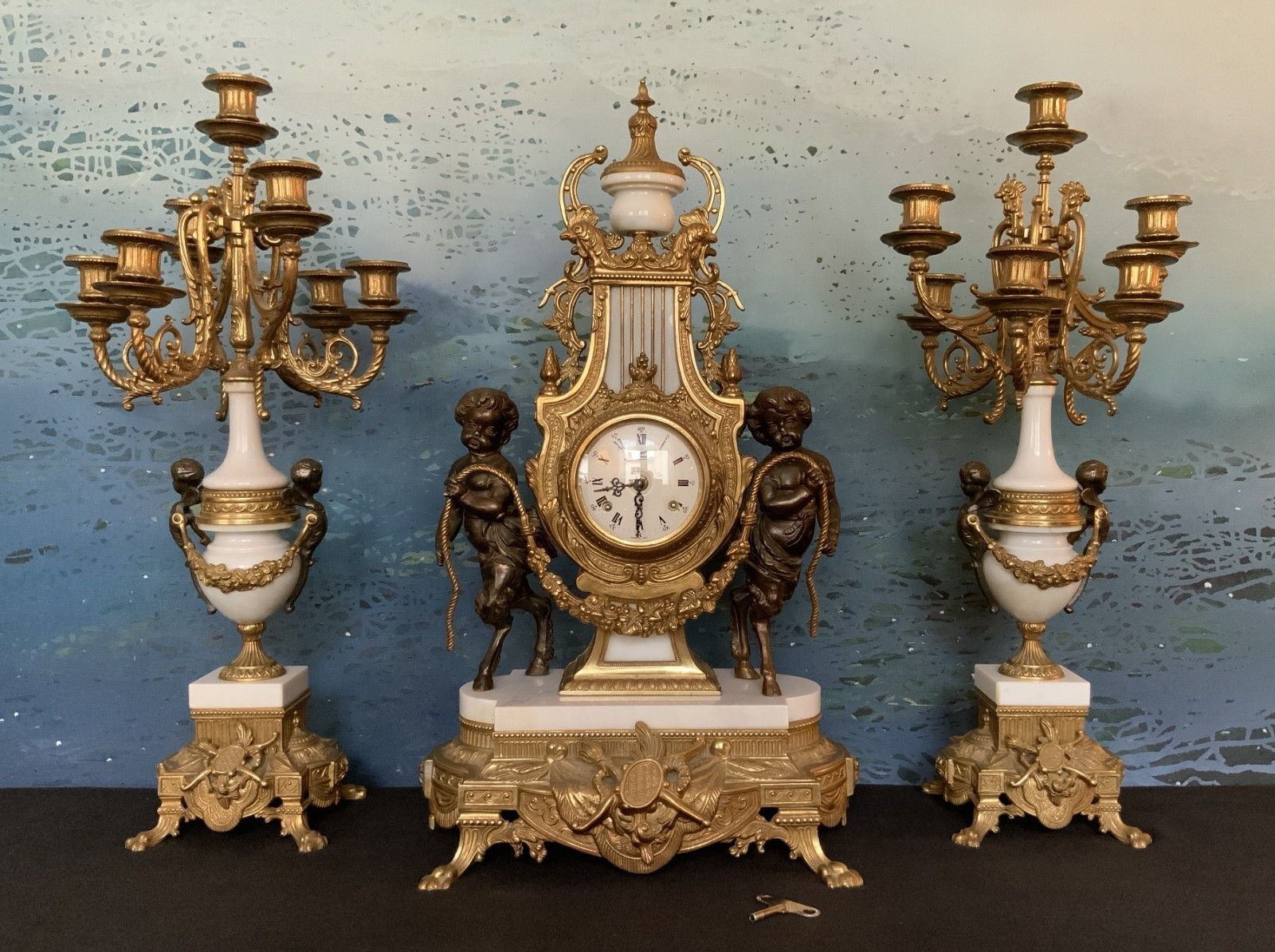 Huge Italian Bronze & Marble 3 Piece Garniture Clock Set Inc Candelabra 8 Day