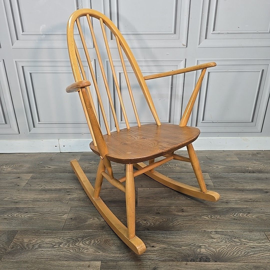 Ercol Quaker Rocking Chair Blonde Elm Beech Windsor Armchair Vintage Mcm Retro