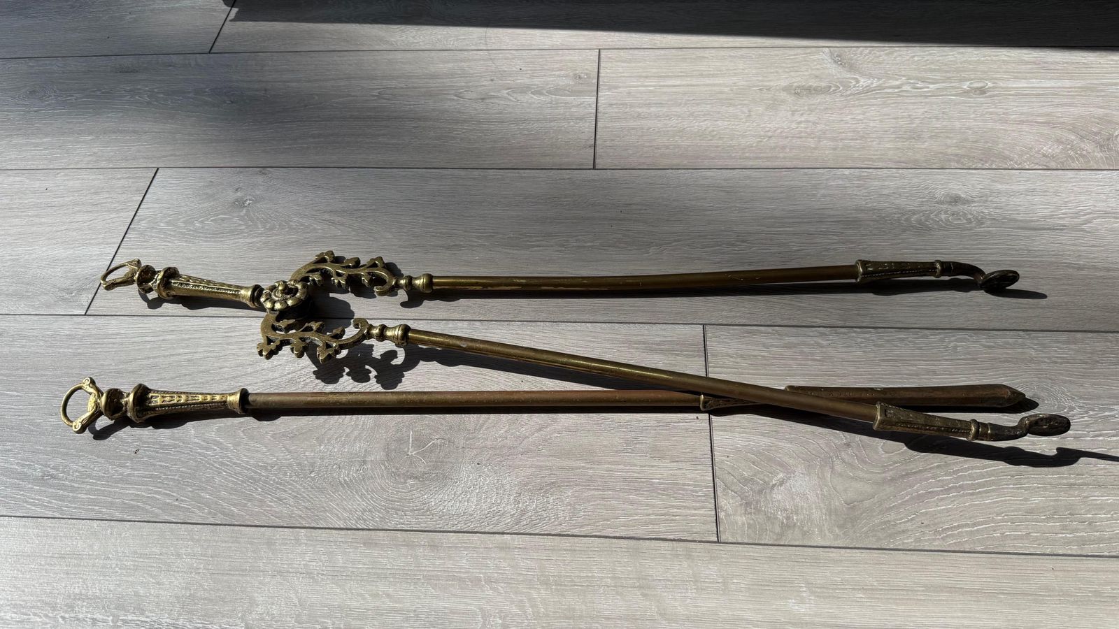 Victorian Gothic Solid Brass Fire Companion Pair, Fireplace Tools, 19th Century photo for sale