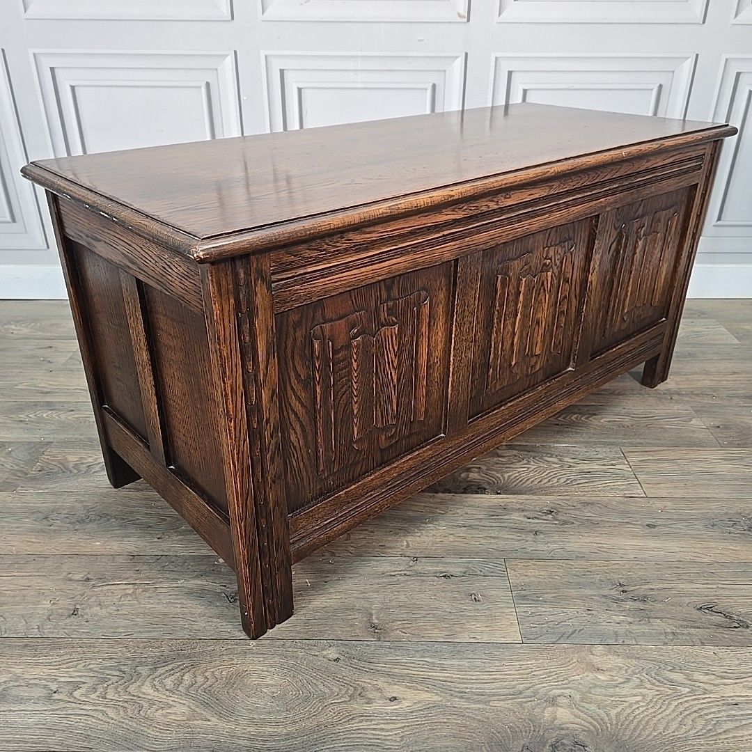 Antique Oak Trunk Chest Carved Linenfold Blanket Storage Box Coffer Vintage photo furniture