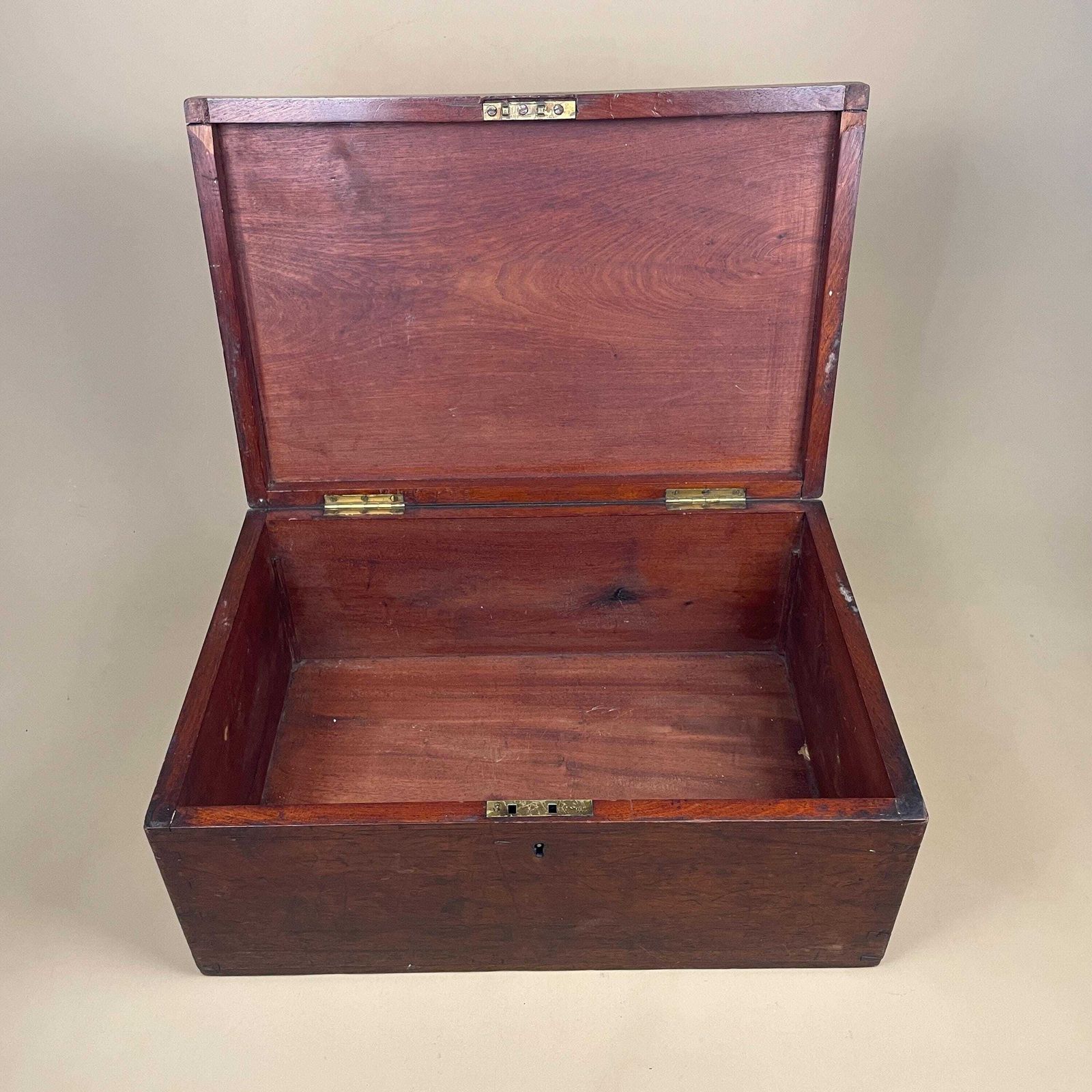 photo buy Wooden Campaign Chest Antique Box Military Wood Brass Metal Handles 19th Century Trinket Jewellery Keepsake Gold Trims Lid Rectangle Trunk