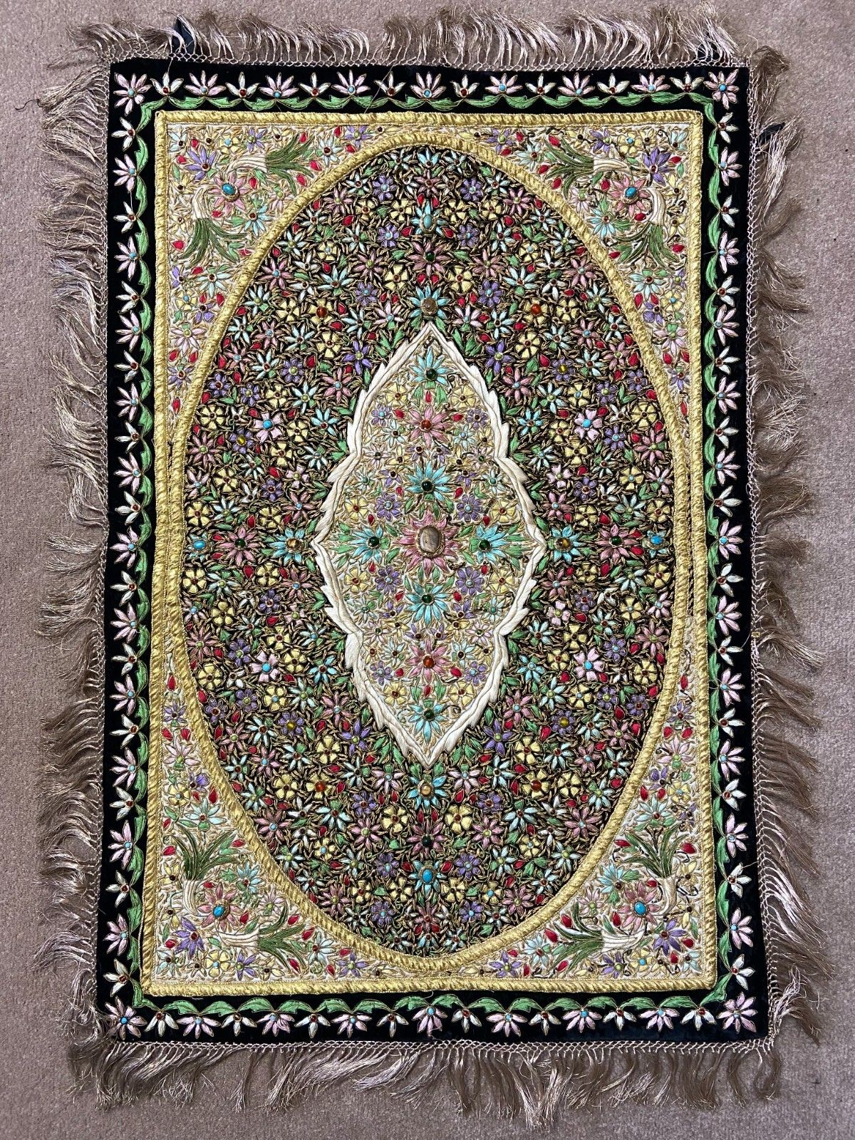 Vintage Handmade Zardozi Tapestry Gemstone Gold Thread Embroidered Jewel Carpet photo furniture
