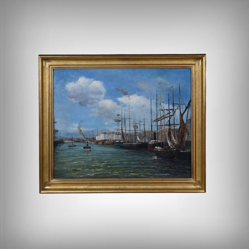Painting “Port Scene”, Oil On Canvas, Signed F. Nicoli – 20th Century