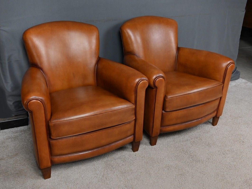 Pair Of Leather Club Chairs – Reproduction photo for sale