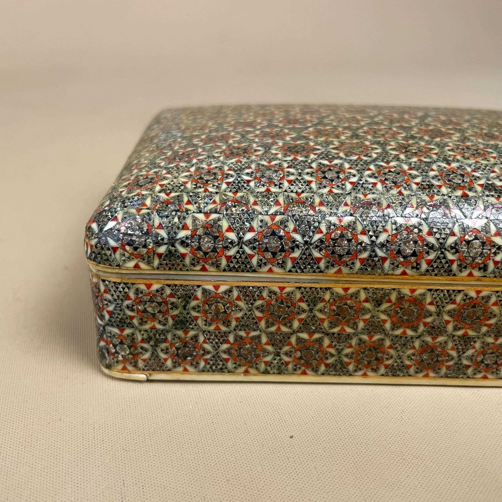 Middle Eastern Box Wooden Inlay Mosaic Pattern Trinket Jewellery Rectangle Antique Keepsake Storage Fine Detail Marquetry Hand Crafted photo furniture