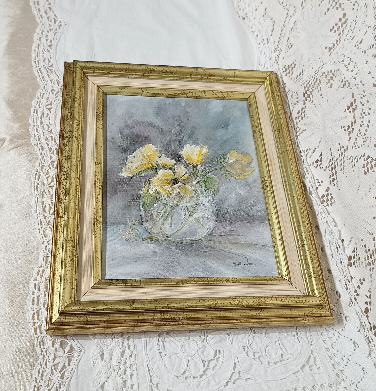 Floral Oil Painting Still Life Yellow Flowers In A Glass Signed. photo for sale