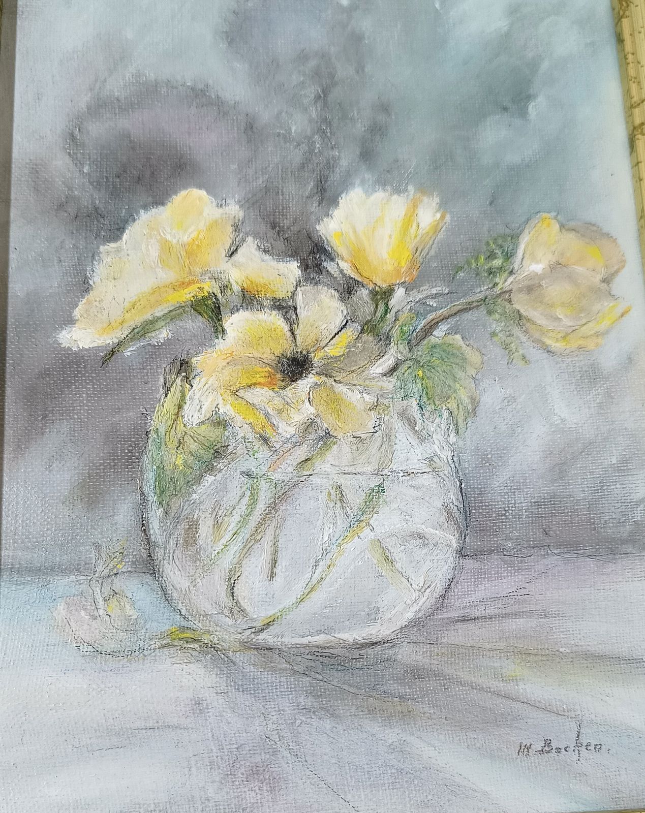 Floral Oil Painting Still Life Yellow Flowers In A Glass Signed. photo 55.0