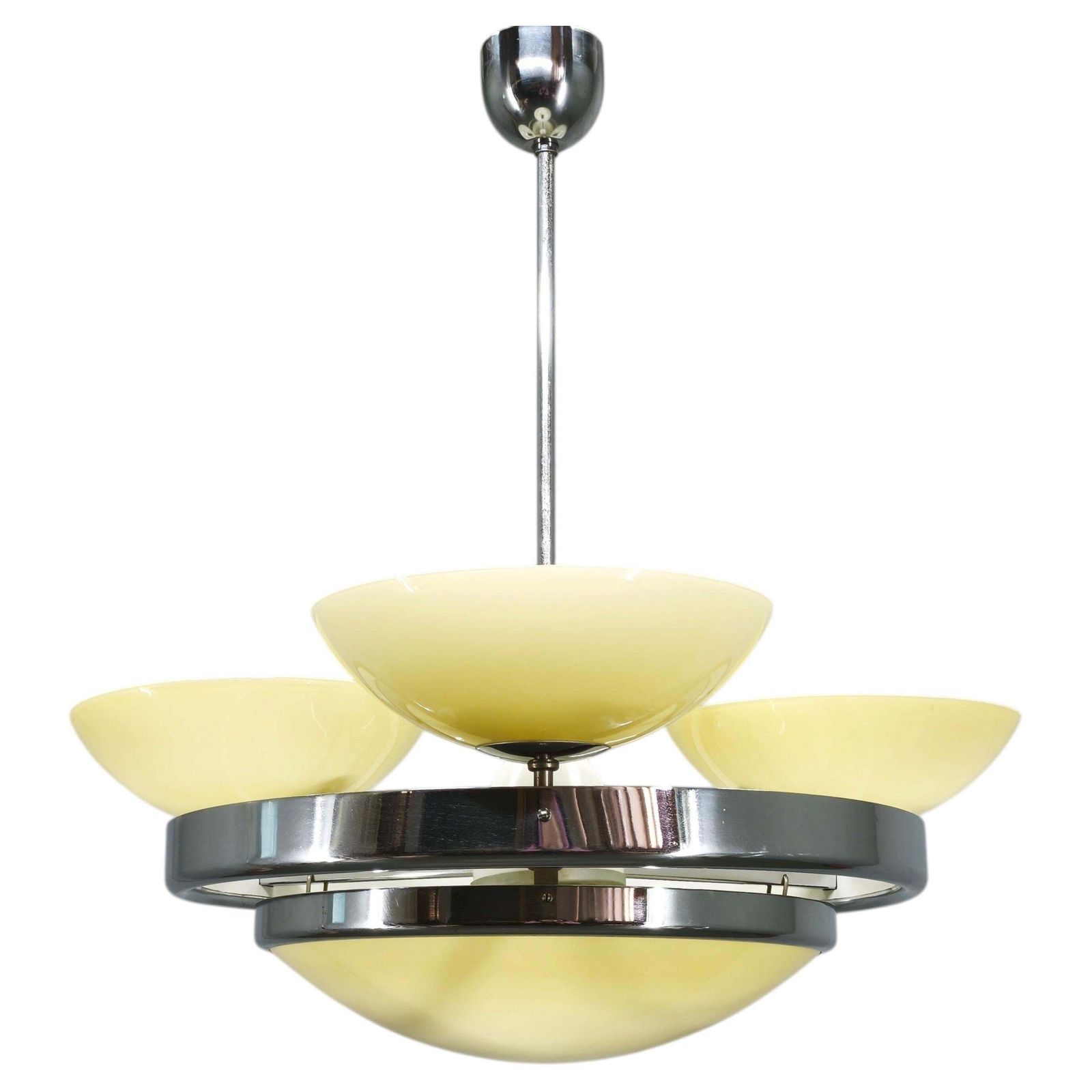 Czech Art Deco Opaline Glass Chandelier, 1940s