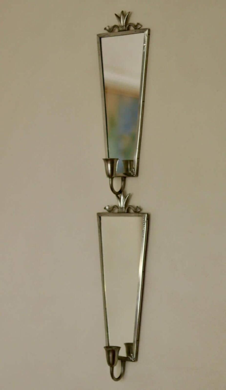 Pair Of Mid Century Swedish Pewter Sconces With Mirror