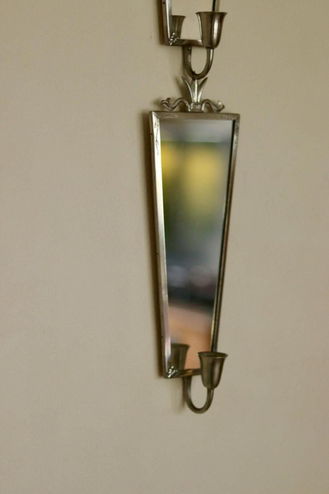 Pair Of Mid Century Swedish Pewter Sconces With Mirror photo Home Decor
