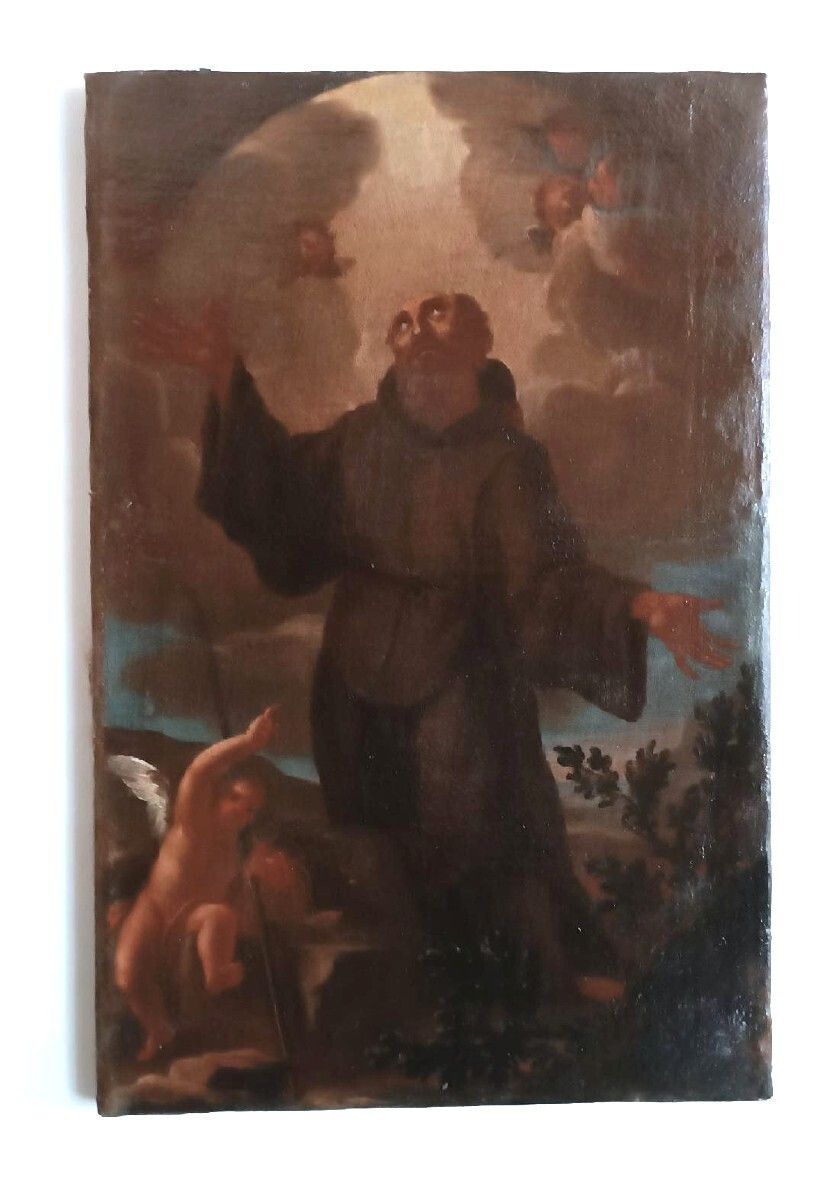 Antique Oil Painting On Canvas Baroque Period Depicting A Franciscan Saint