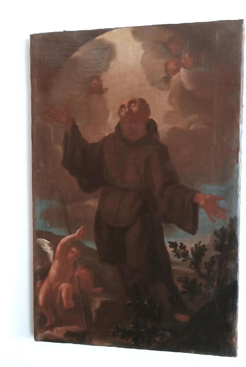 Antique Oil Painting On Canvas Baroque Period Depicting A Franciscan Saint photo furniture