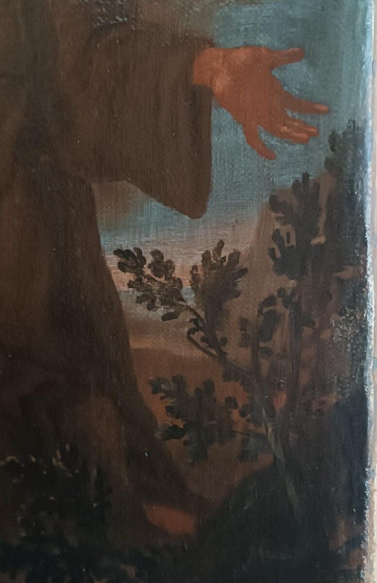 Antique Oil Painting On Canvas Baroque Period Depicting A Franciscan Saint photo vintage