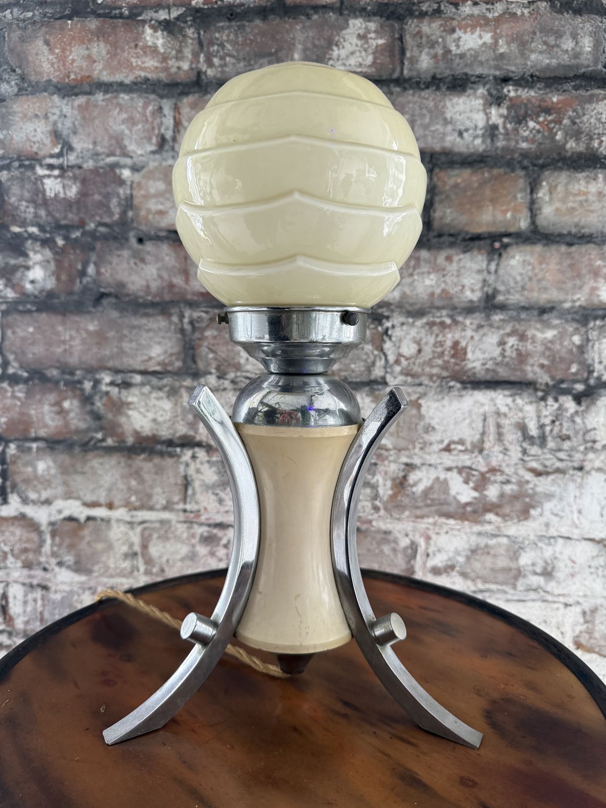 French Art Deco Table Lamp, Pale Lemon Body, Chrome Legs, Globe Shade photo vintage