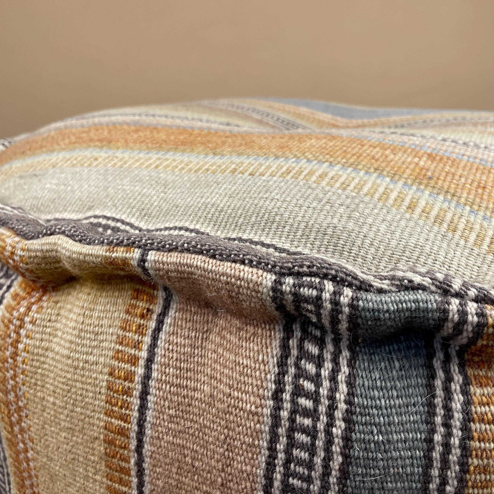 Large Indian Kilim Pouffe Round Ottoman Woven Floor Cushion Footstool Textile Patterned Seat Striped Living Room Handmade Vintage Pattern photo for sale