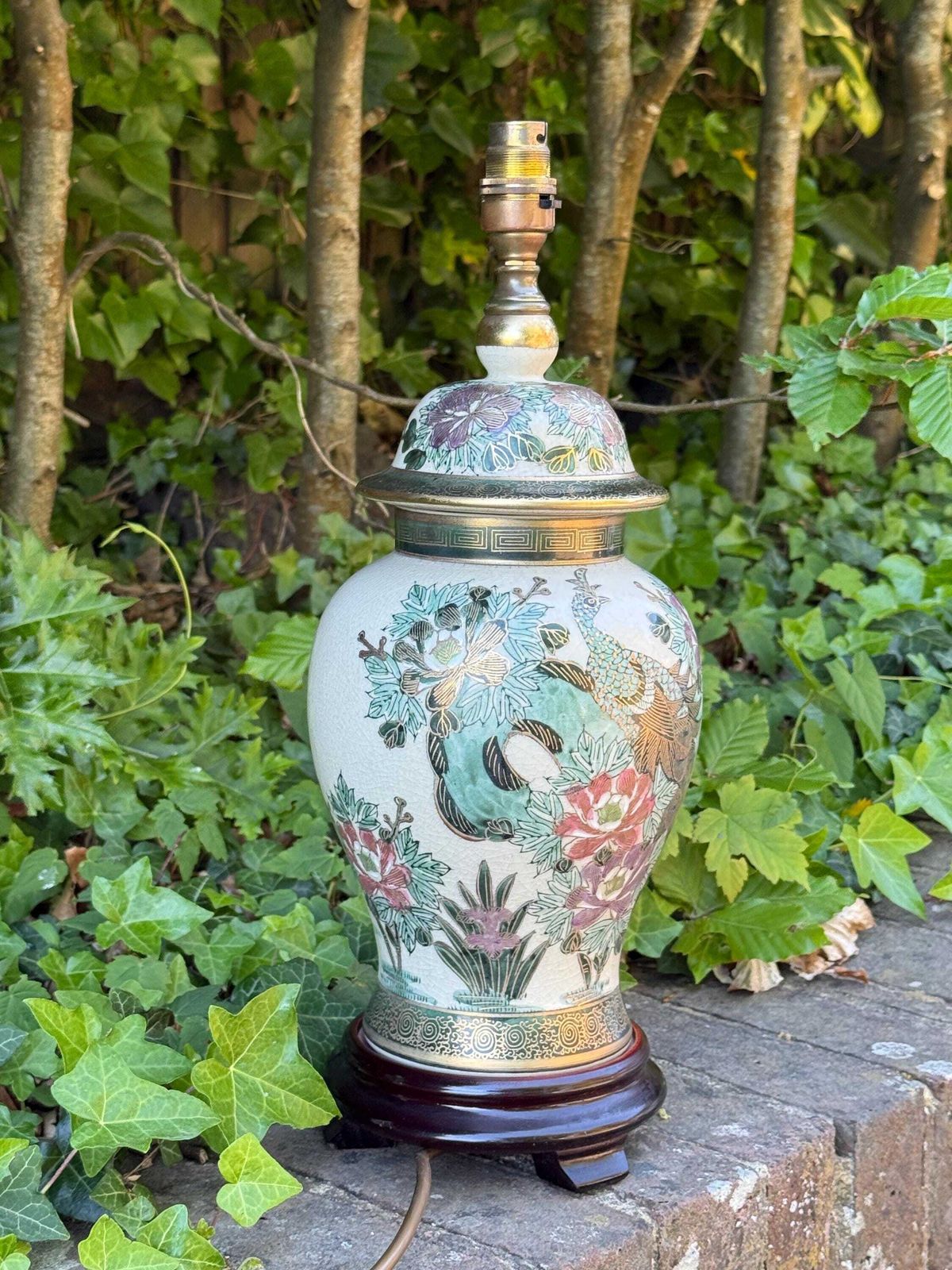Vintage Rochamp Style Peacock Chinoiserie Ceramic Table Lamp, Satsuma Oriental Lamp   Pat Tested, Excellent Quality photo vintage